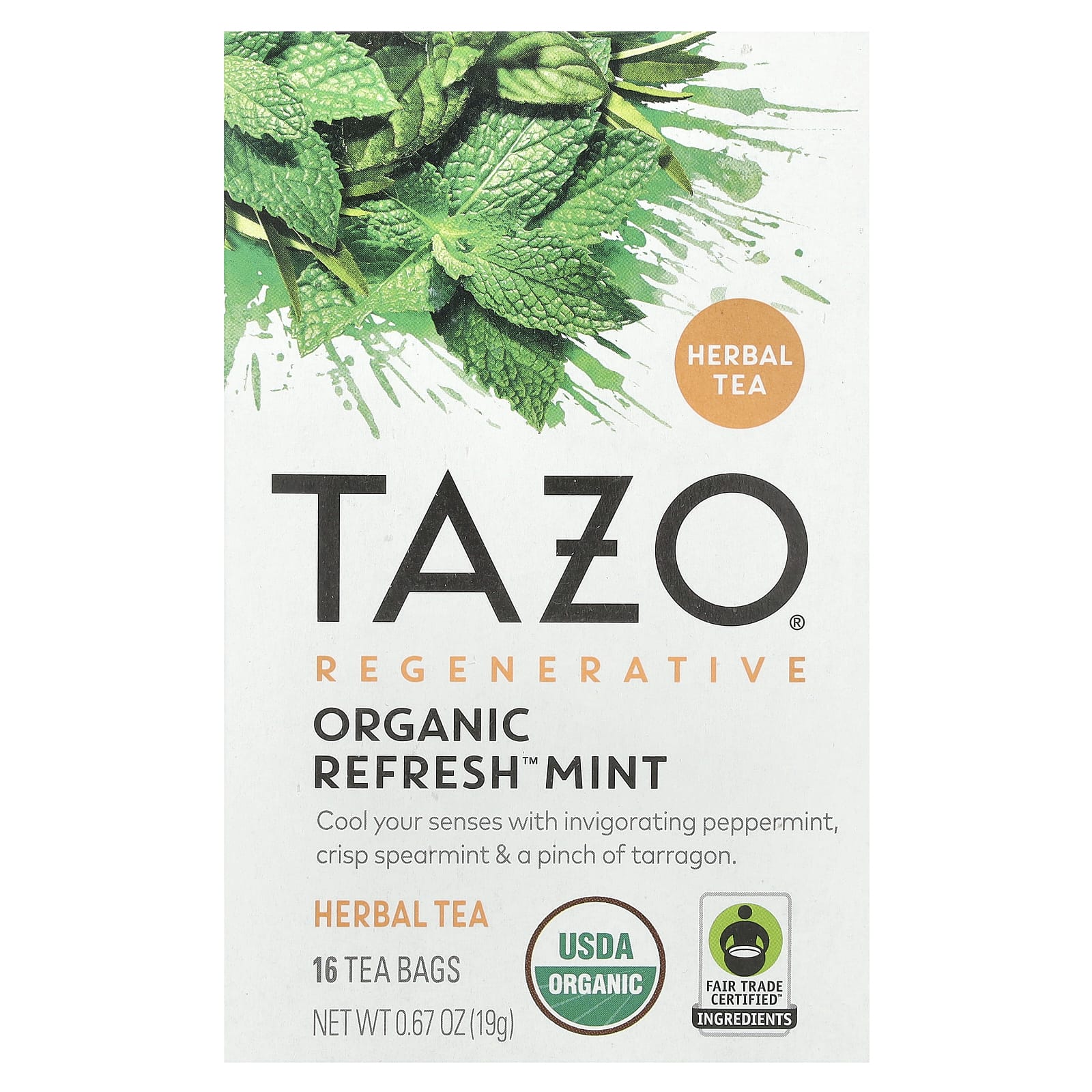 Tazo Teas, Regenerative, травяной чай, органическая освежающая мята, без кофеина, 16 чайных пакетиков, 19 г (0,67 унции)