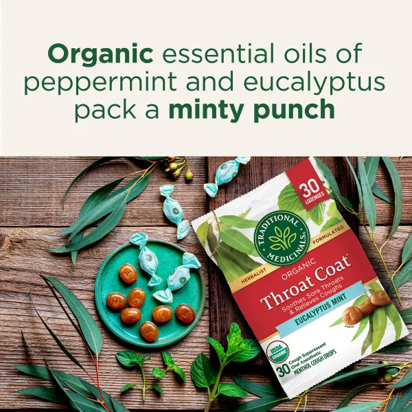 Traditional Medicinals, Organic Throat Coat®, эвкалиптовая мята, 30 леденцов от кашля с ментолом