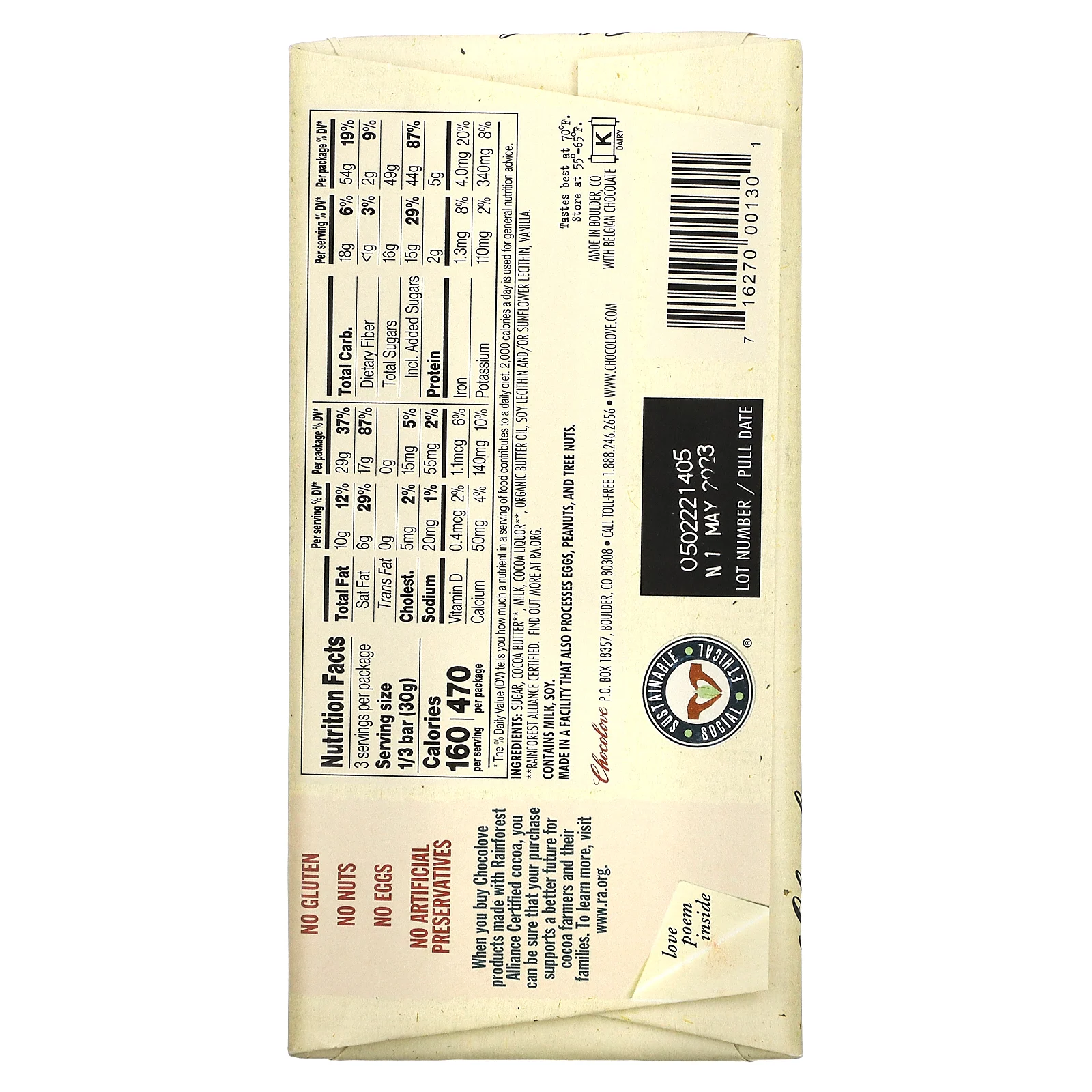 Chocolove, молочный шоколад, 33% какао, 90 г (3,2 унции)