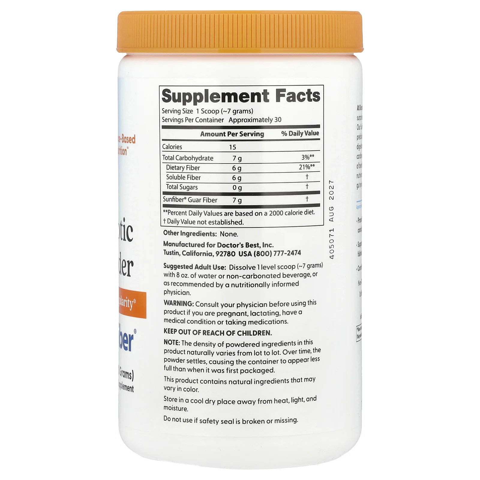 Doctor's Best, Пребиотический порошок, Sunfiber®, без добавок, 210 г (7,4 унции)