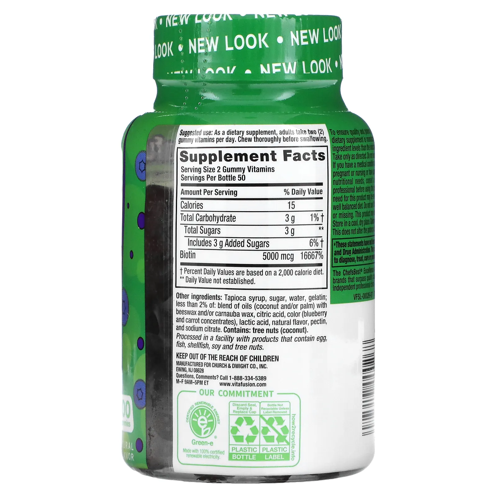 VitaFusion, биотин, повышенная сила действия, с натуральной голубикой, 5000 мкг, 100 жевательных мармеладок (2500 мкг в 1 жевательной таблетке)