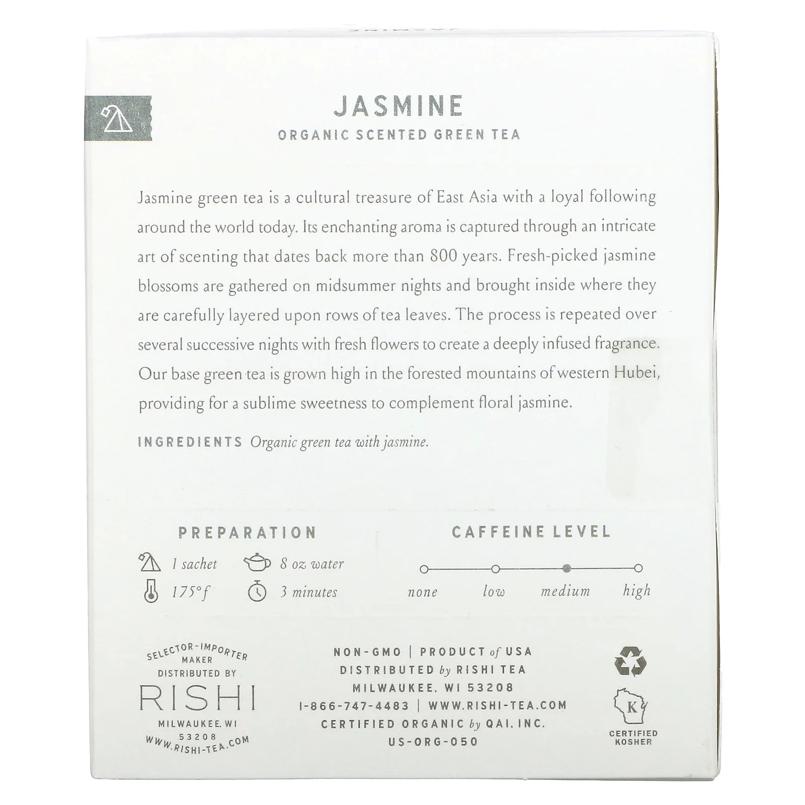 Rishi Tea, органический ароматизированный зеленый чай, жасмин, 15 пакетиков, 39 г (1,37 унции)