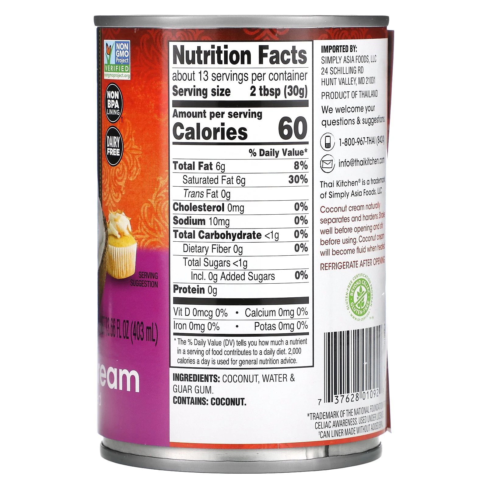 Thai Kitchen, кокосовый крем, без подсластителей, 403 мл (13,66 жидк. унции)