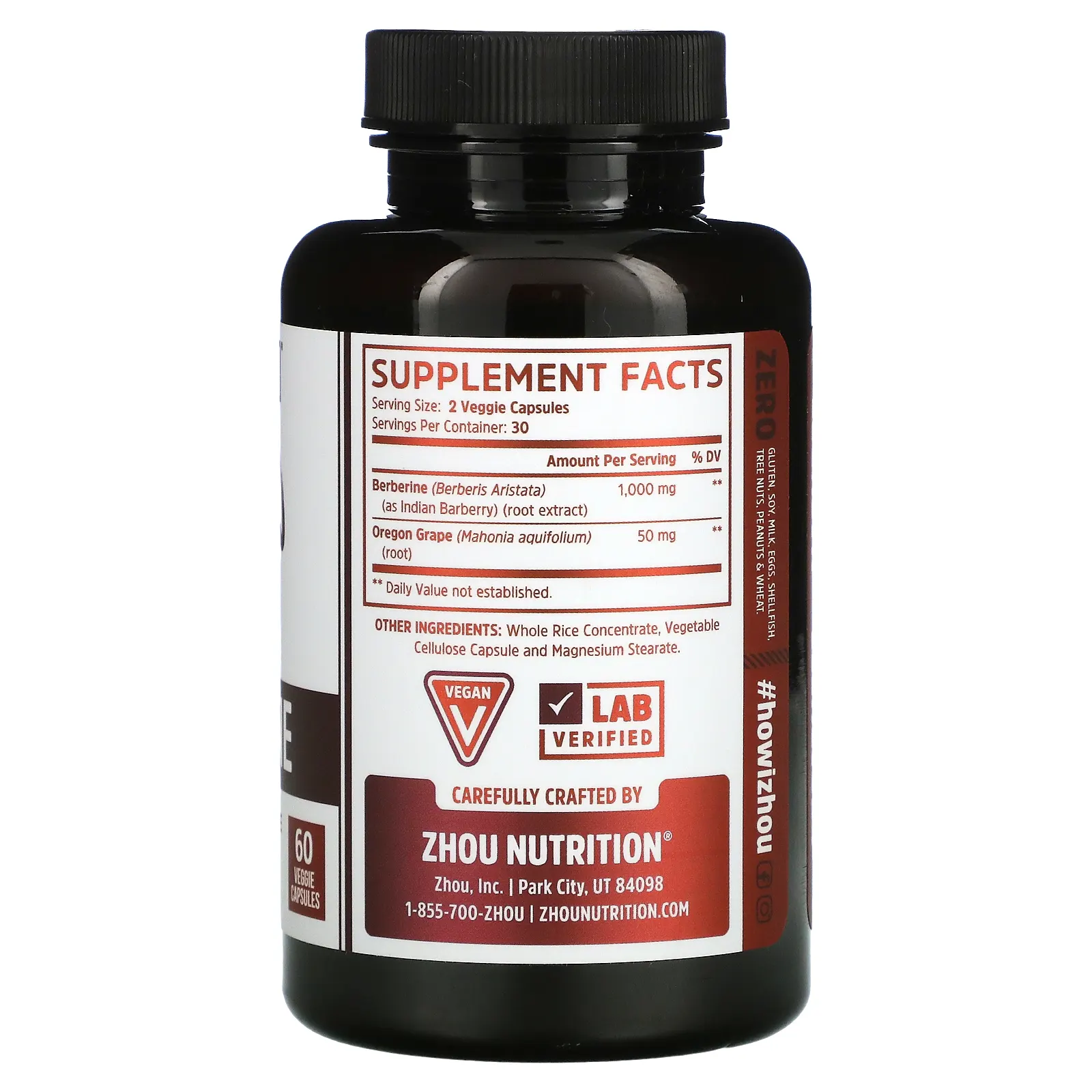 Zhou Nutrition, берберин с магонией падуболистной, 1000 мг, 60 растительных капсул (500 мг в 1 капсуле)