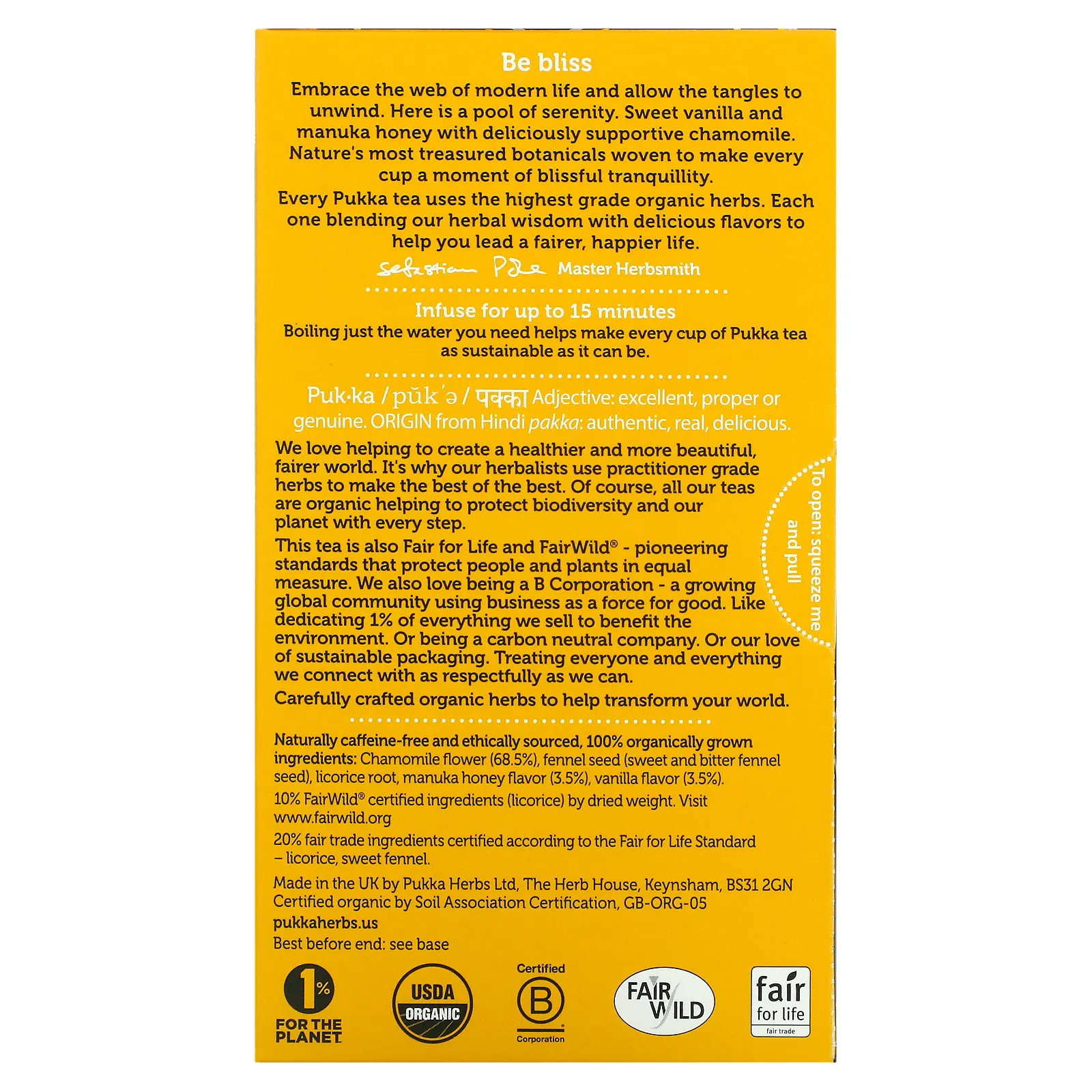 Pukka Herbs, Органический травяной чай, ромашка, ваниль и мед манука, без кофеина, 20 пакетиков, 32 г (1,12 унции)