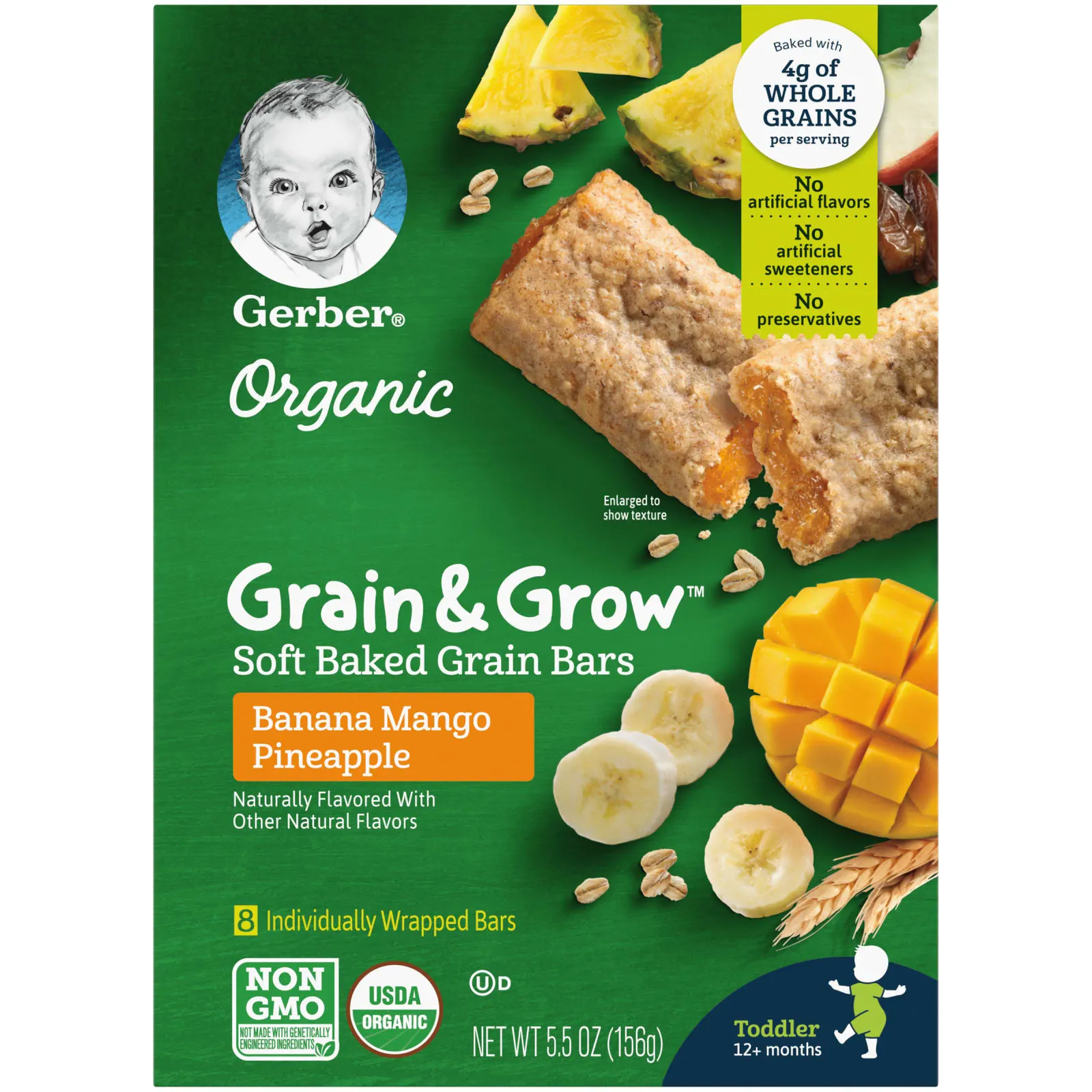 Gerber, Organic, Grain & Grow, батончики из мягкого запеченного зерна, от 12 месяцев, банан, манго и ананас, 8 батончиков в индивидуальной упаковке, 19 г (0,68 унции)