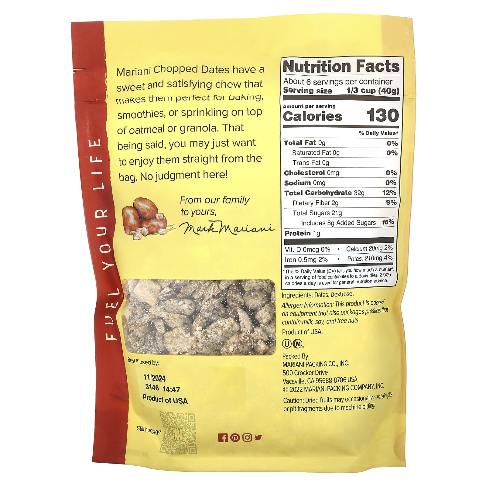 Mariani Dried Fruit, Нарезанные финики, 227 г (8 унций)
