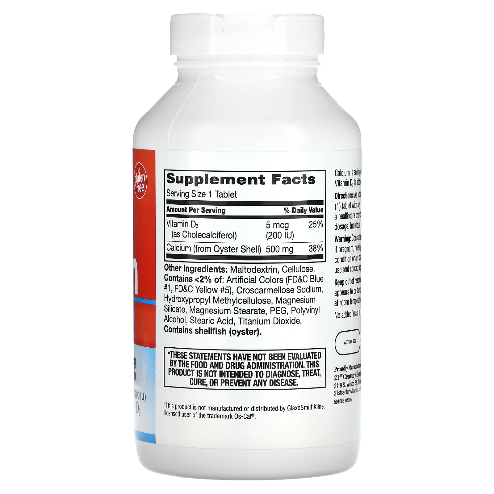 21st Century, кальций 500 и витамин D3, 5 мкг (200 МЕ), 400 таблеток