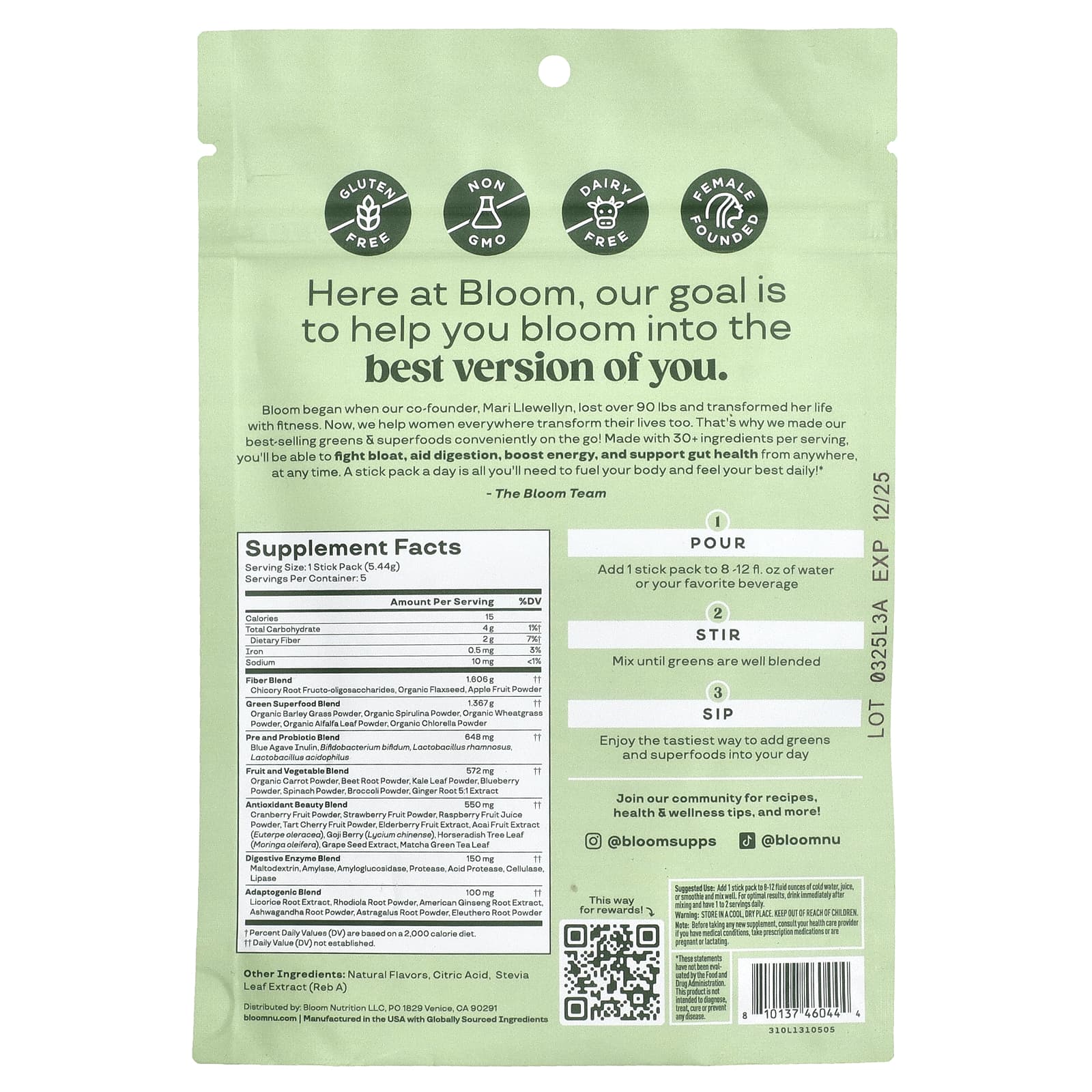 Bloom, Greens & Superfoods, ягоды, 5 пакетиков в стиках по 5,44 г (0,19 унции)