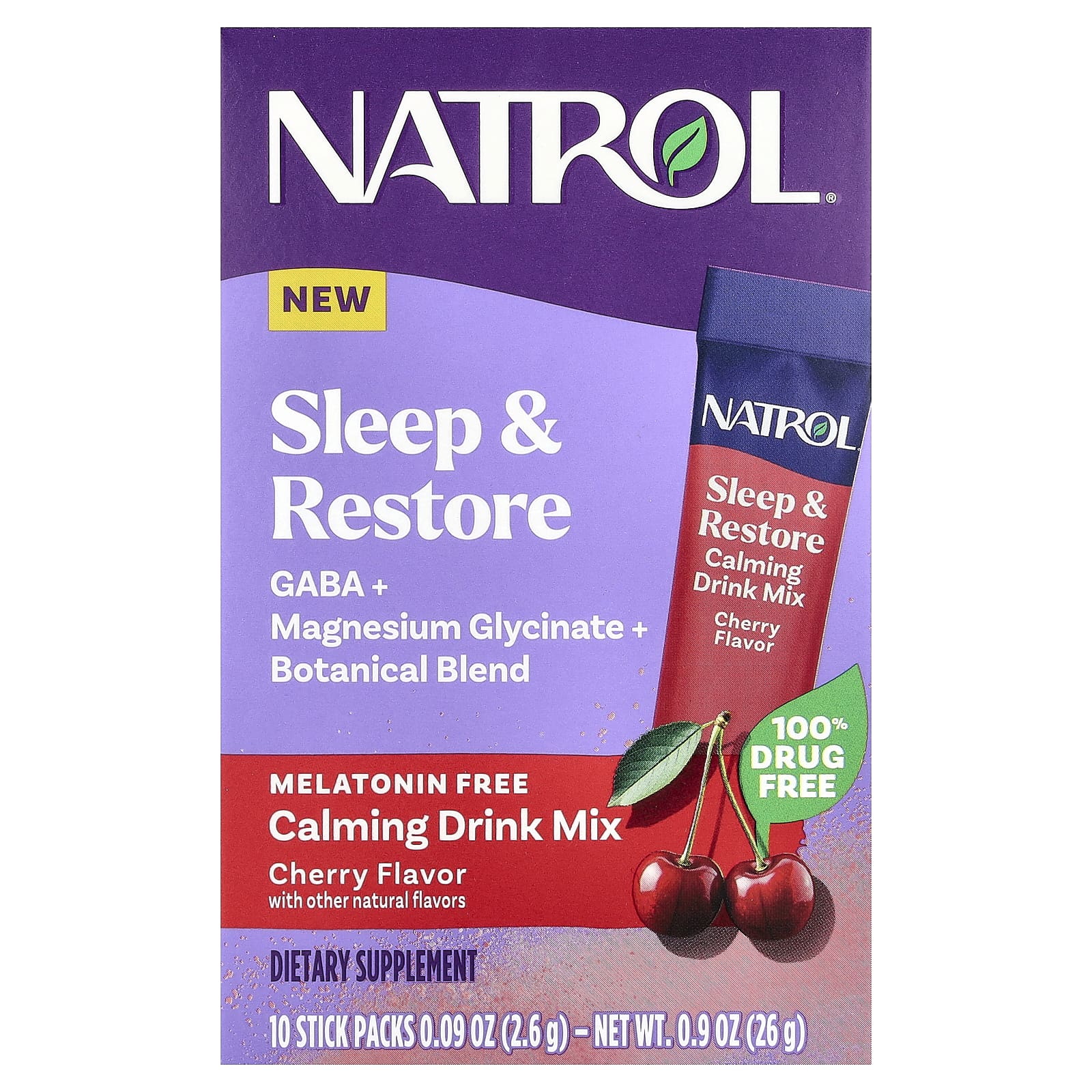 Natrol, Sleep & Restore, успокаивающая смесь для напитков, без мелатонина, вишня, 10 пакетиков по 2,6 г (0,09 унции)