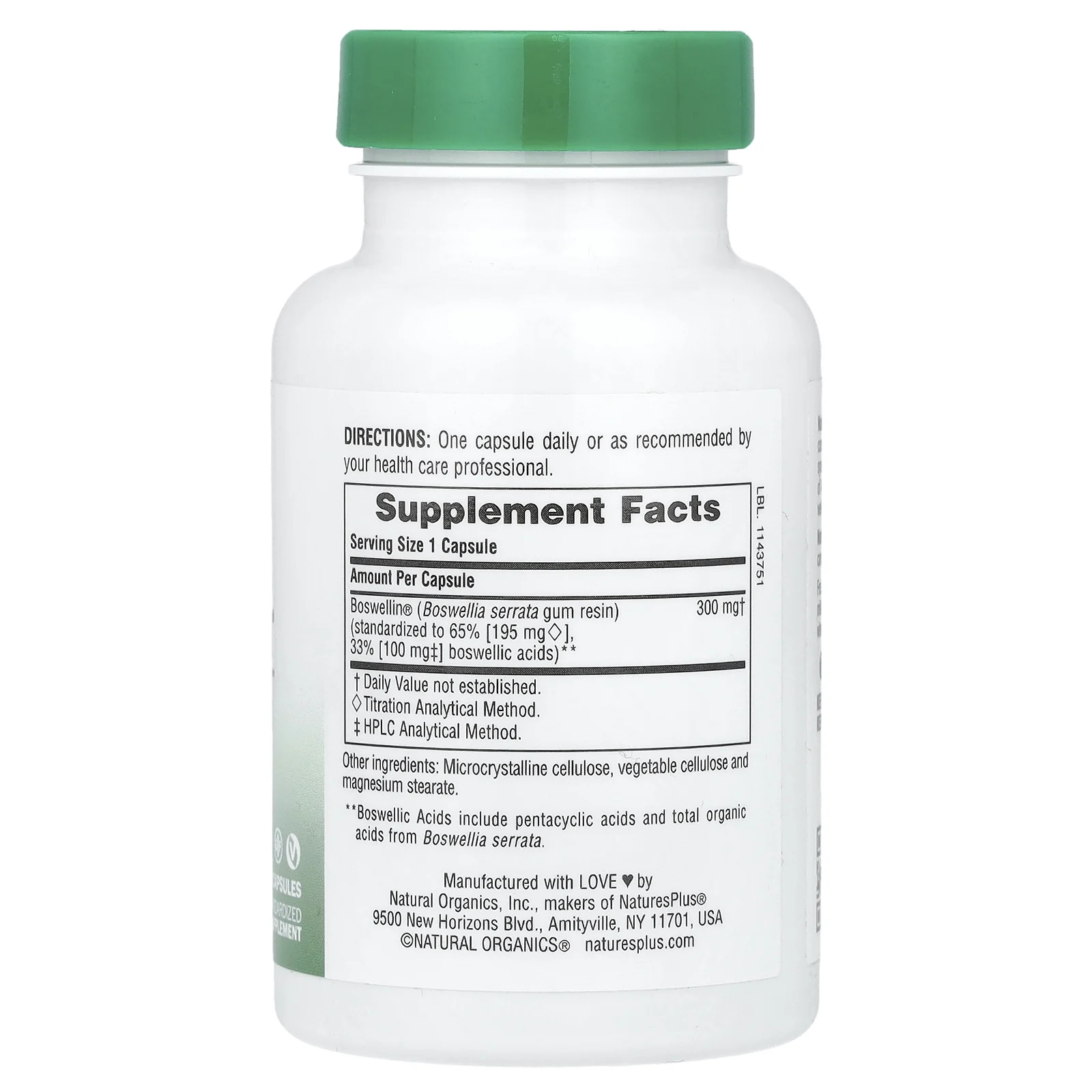 NaturesPlus, Herbal Actives, босвеллин, 300 мг, 60 веганских капсул