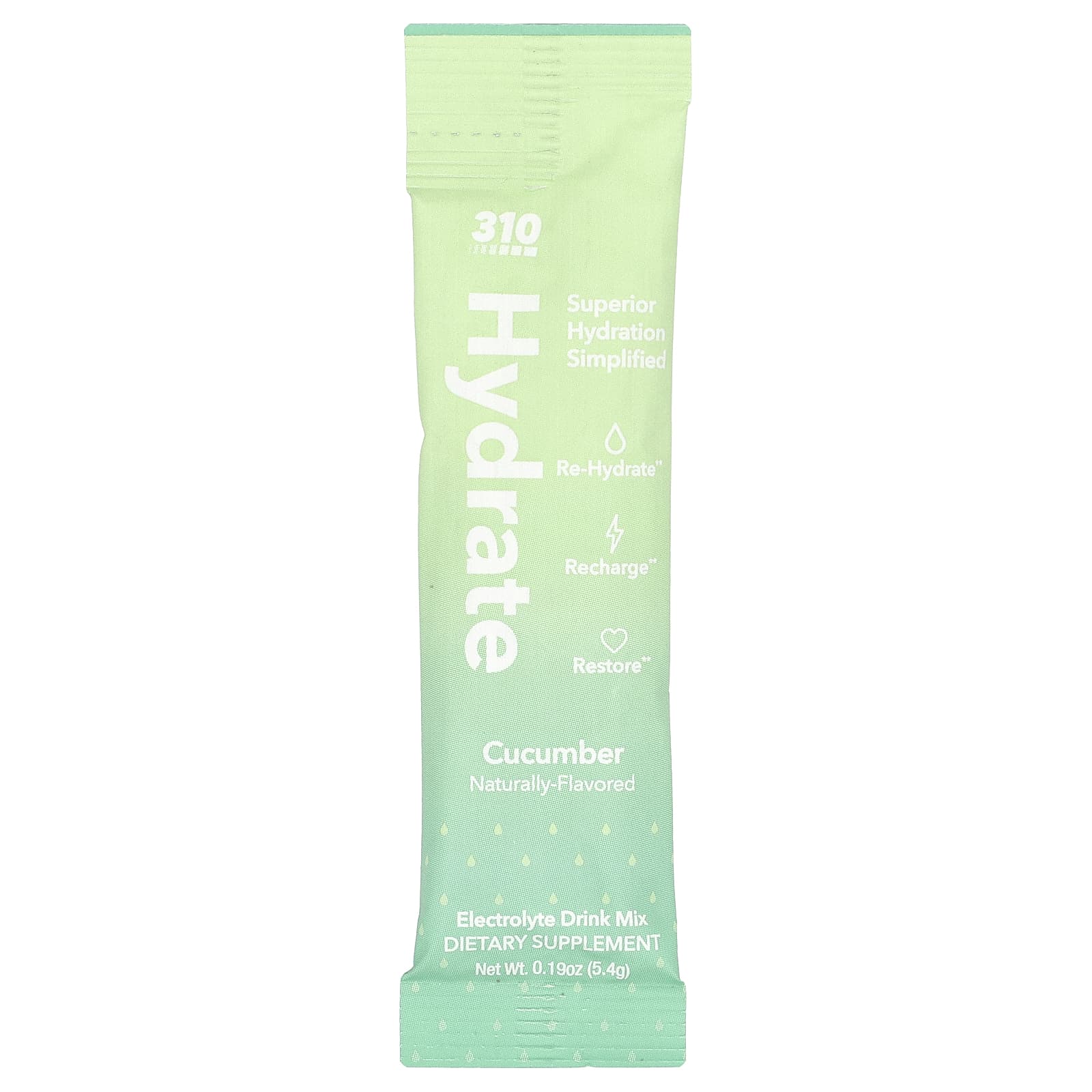 310 Nutrition, Hydrate, Electrolyte Drink Mix, Cucumber, 30 Sticks, 0.19 oz (5.4 g) Each