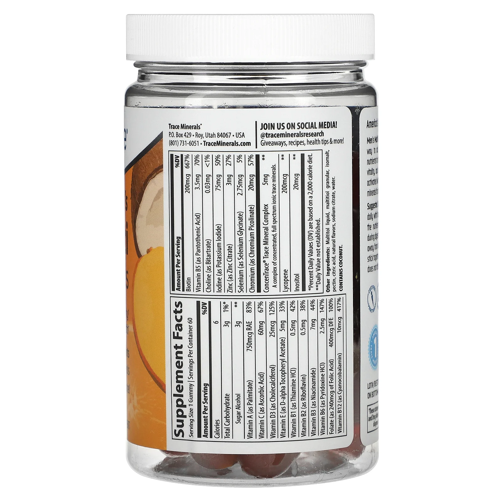 Trace Minerals ®, мультивитаминные жевательные таблетки для мужчин, со вкусом апельсина, манго и кокоса, 60 жевательных таблеток