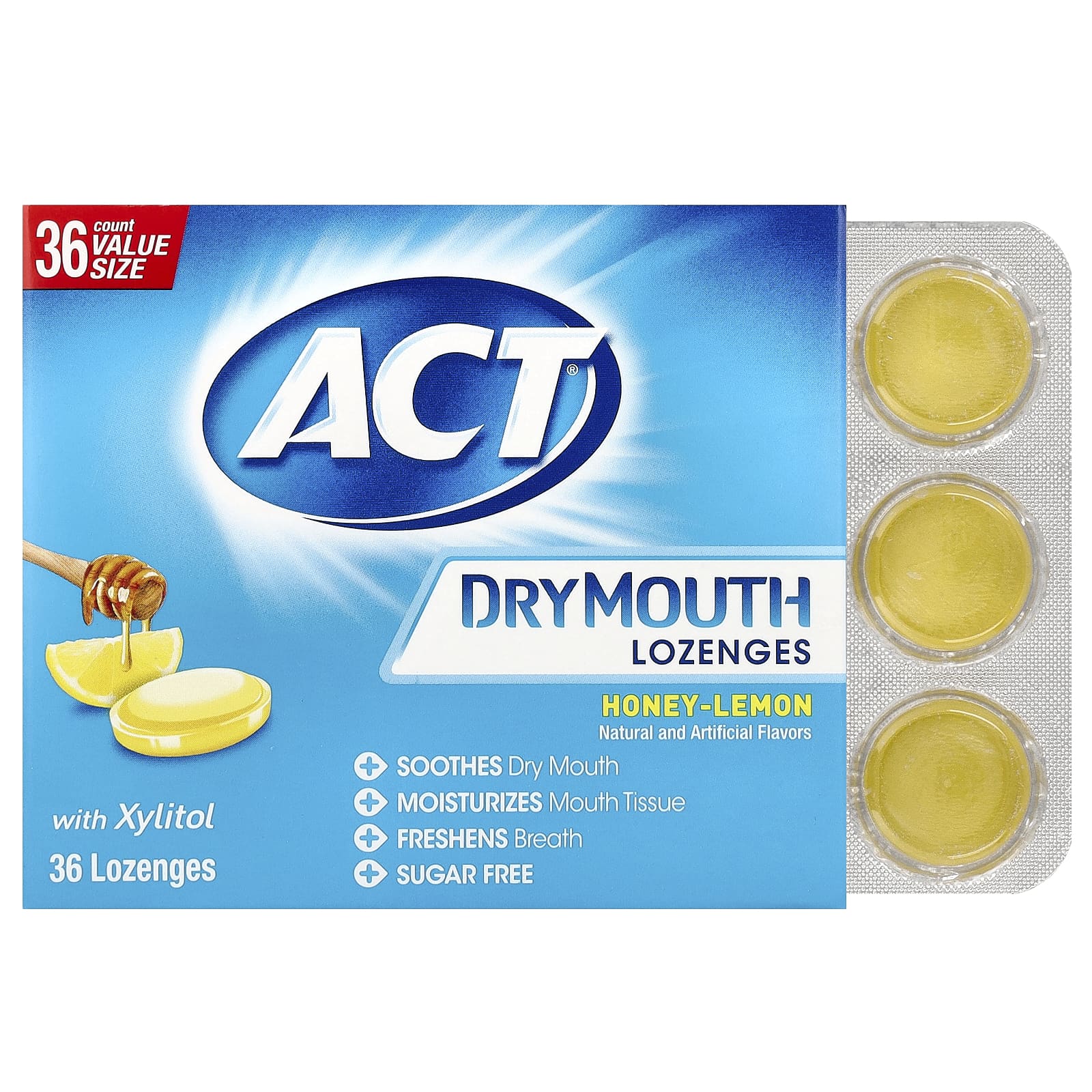 Act, леденцы от сухости во рту с ксилитолом, мед и лемон, 36 леденцов