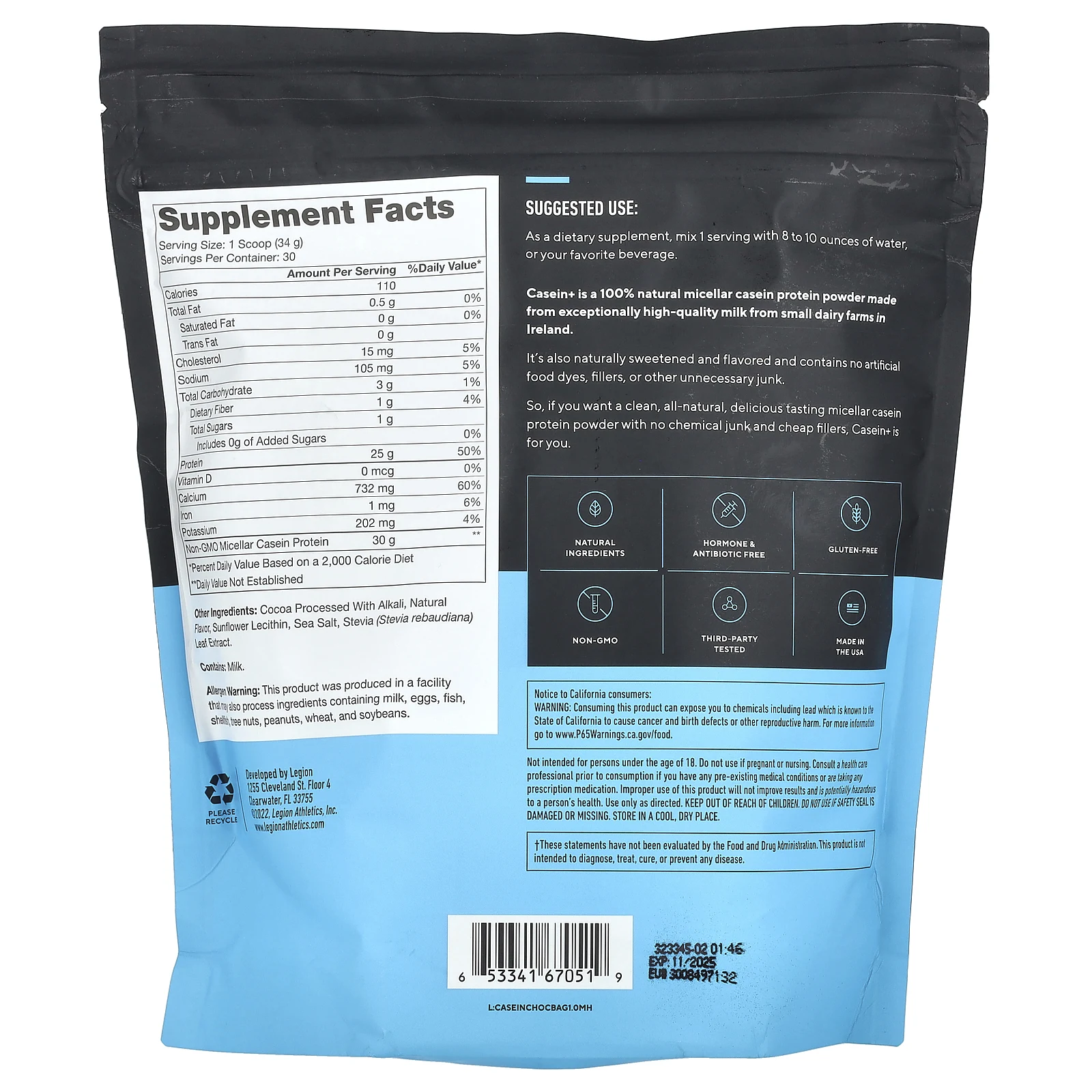 Legion Athletics, Casein +, казеиновый протеиновый порошок, голландский шоколад, 1020 г (2,25 фунта)