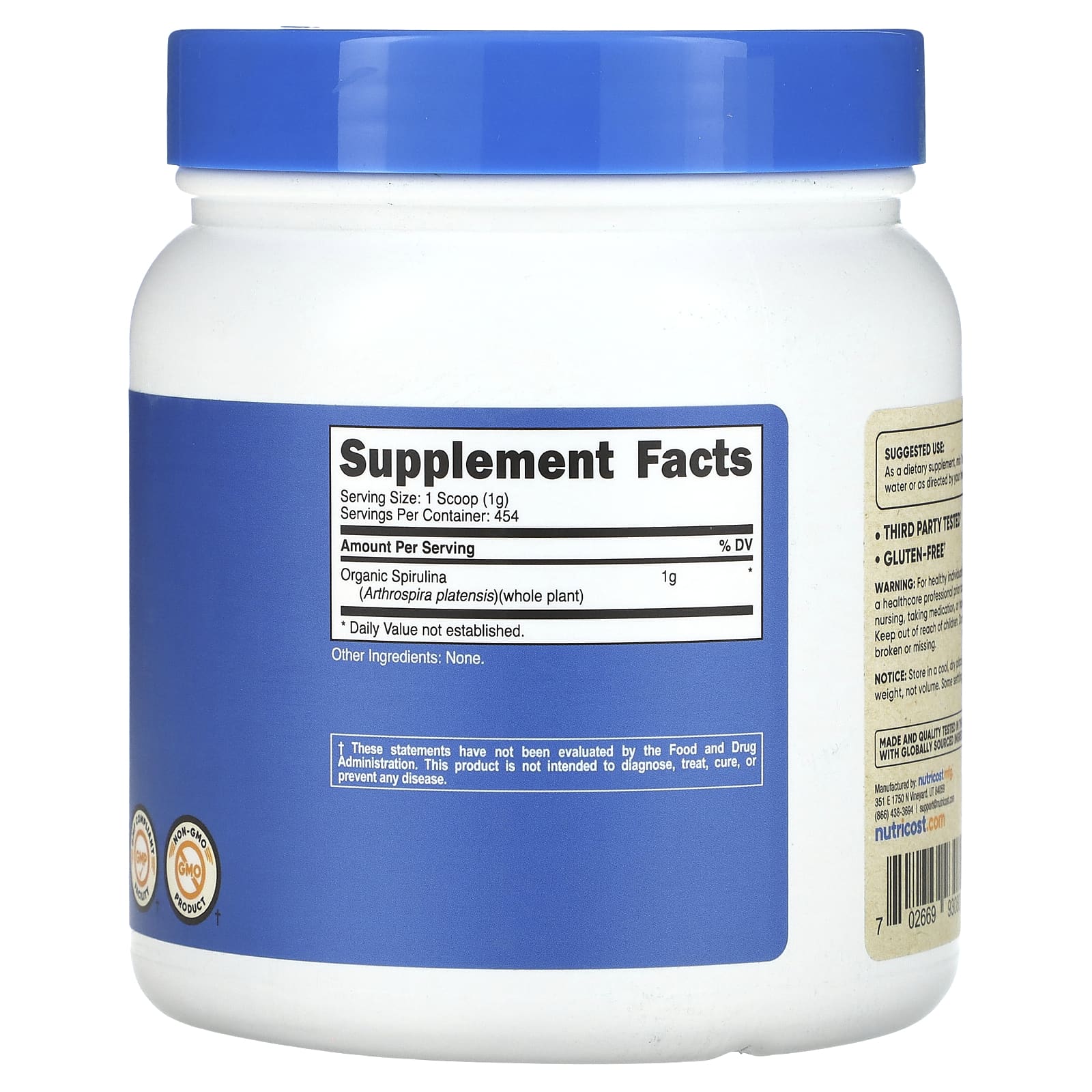 Nutricost, органическая спирулина, без добавок, 454 г (16 унций)