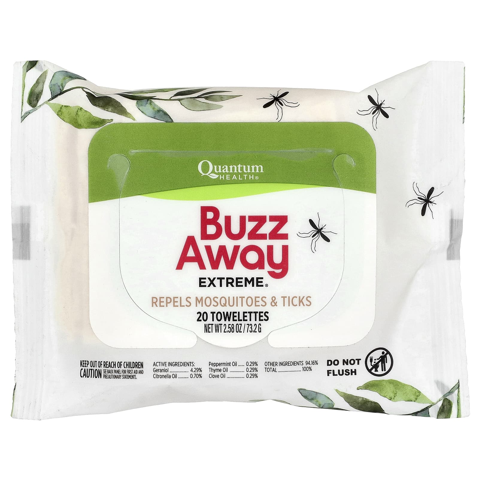 Quantum Health, Buzz Away Extreme®, средство от комаров и клещей, 20 салфеток, 73,2 г (2,58 унции)