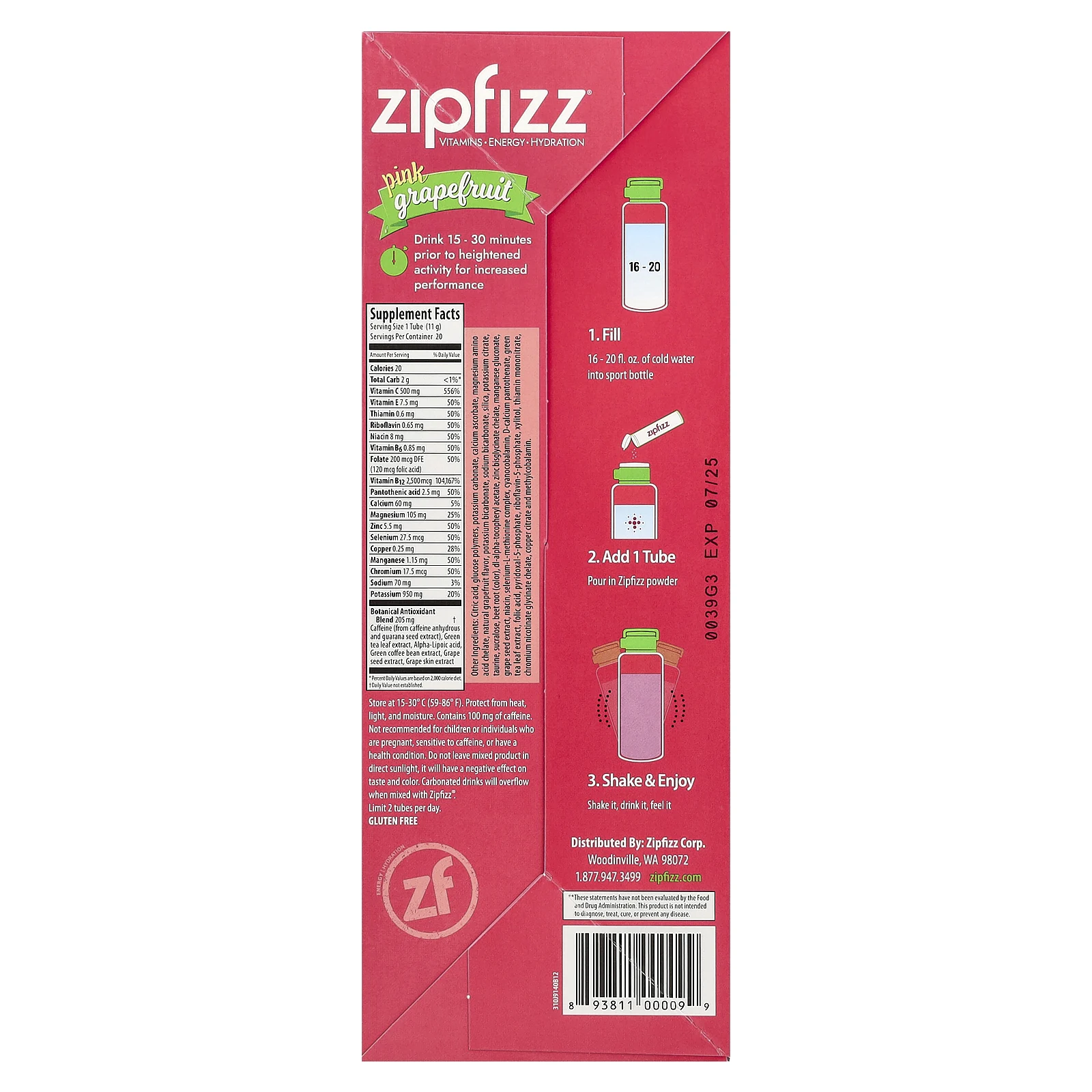 Zipfizz, Энергетическая смесь для здорового спорта с витамином B12, розовый грейпфрут, 20 тюбиков по 11 г (0,39 унции)