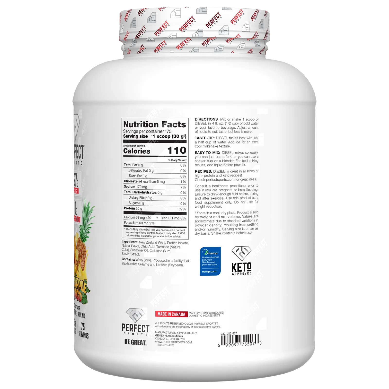 Perfect Sports, Diesel, изолят сыворотки из Новой Зеландии, ананас и манго, 2,27 кг (5 фунтов)