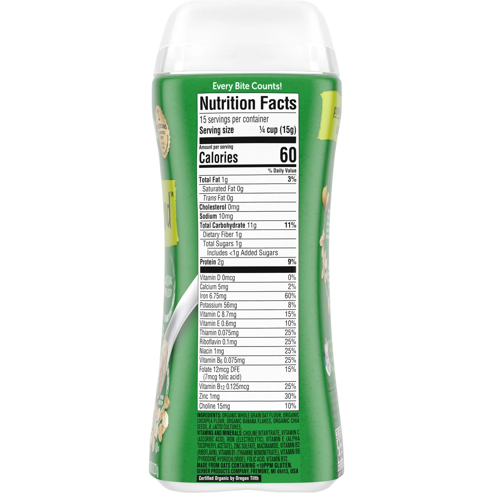 Gerber, Powerblend Organic для детей от 8 месяцев, пробиотическая овсянка, нут, банан и хлопья чиа, 227 г (8 унций)