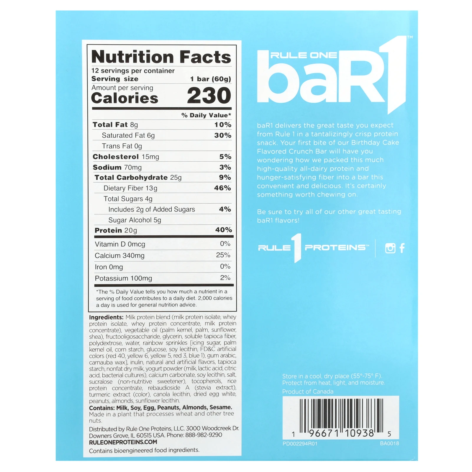 Rule One Proteins, baR1, батончик, праздничный торт, 12 батончиков, 60 г (2,12 унции) каждый