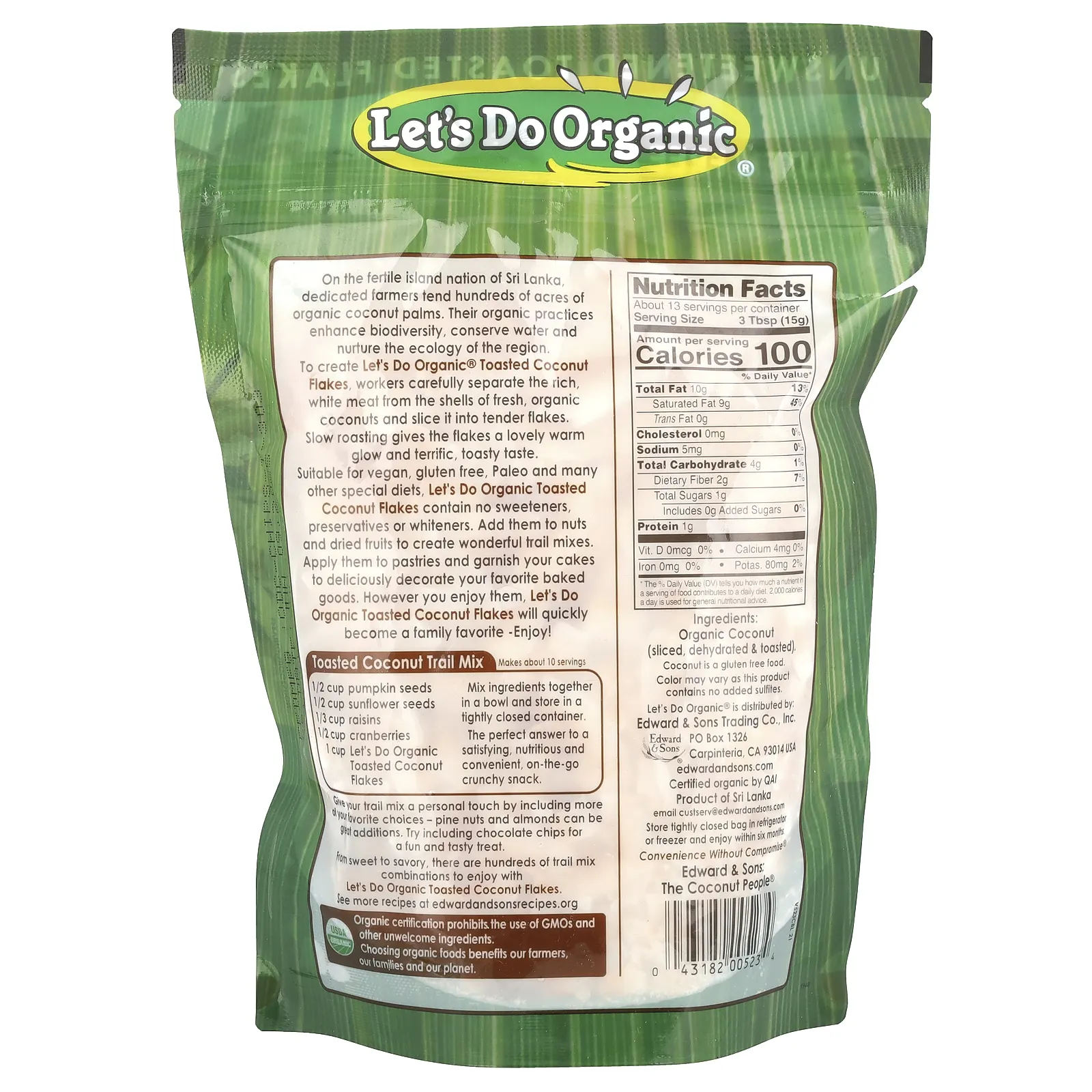 Edward & Sons, Let's Do Organic, 100% органические поджаренные кокосовые хлопья без сахара, 200 г (7 унций)