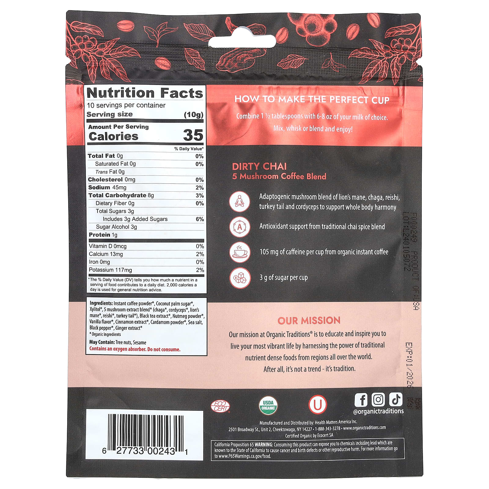 Organic Traditions, Смесь из 5 грибов и кофе, грязный чай, 100 г (3,5 унции)