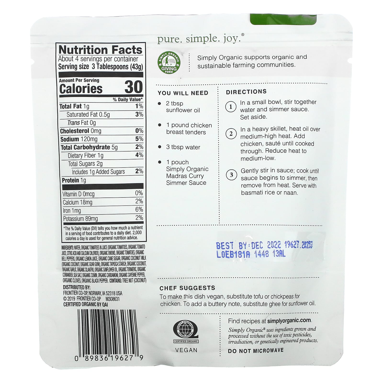 Simply Organic, индийская кухня, соус для тушения карри мадрас, 170 г (6 унций)