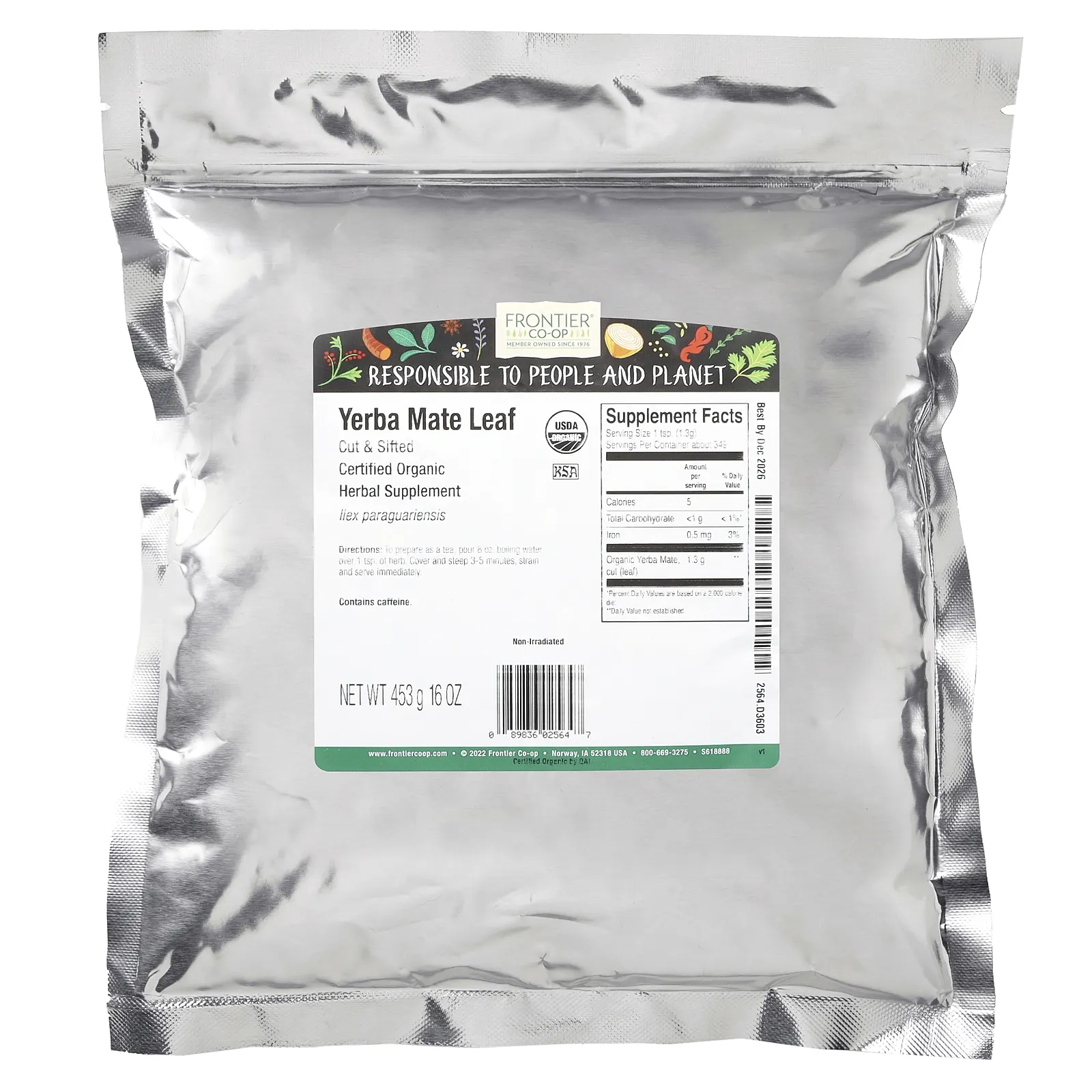 Frontier Co-op, Органический нарезанный и просеянный лист йерба мате, 453 г (16 унций)
