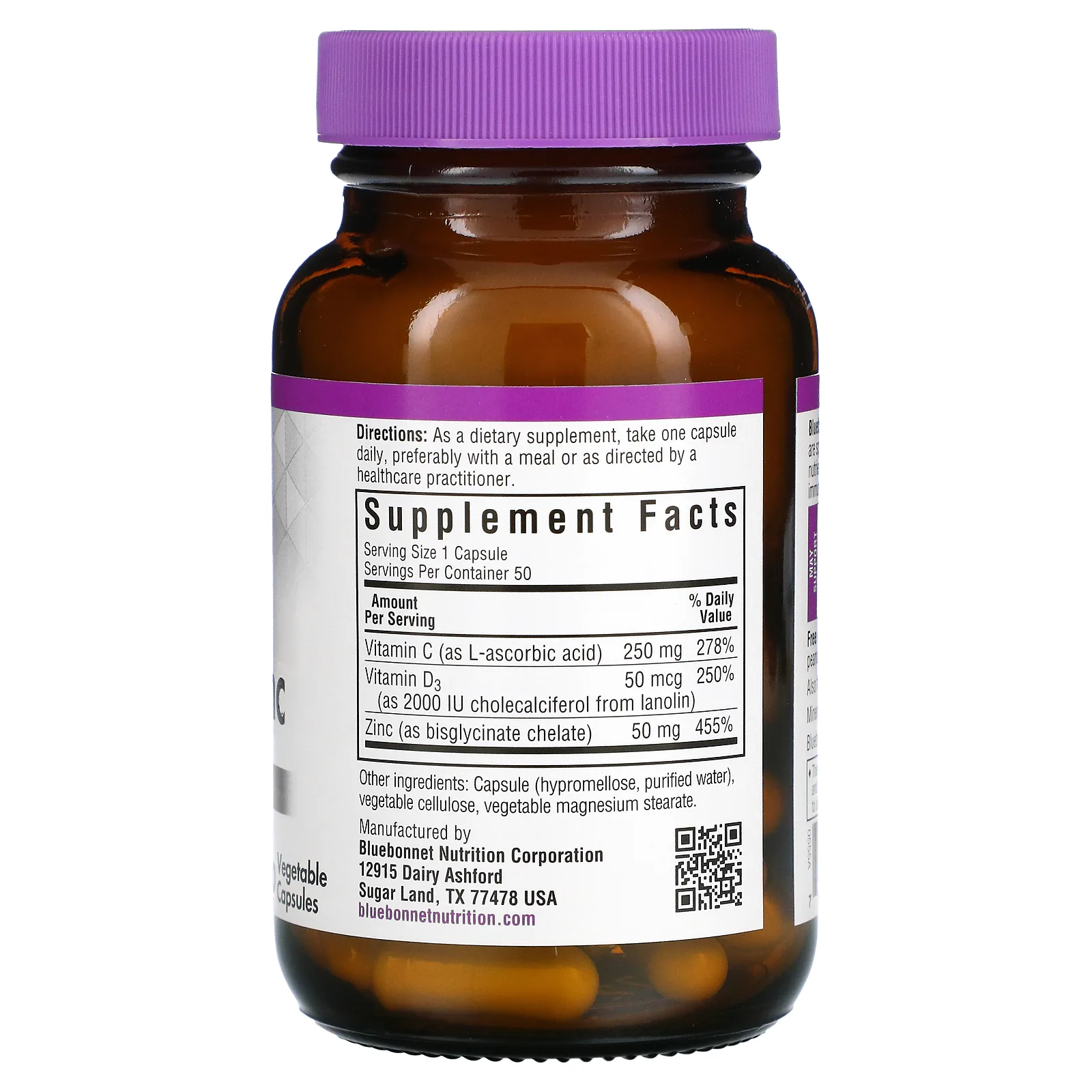 Bluebonnet Nutrition, витамины C, D3 и цинк, 50 растительных капсул