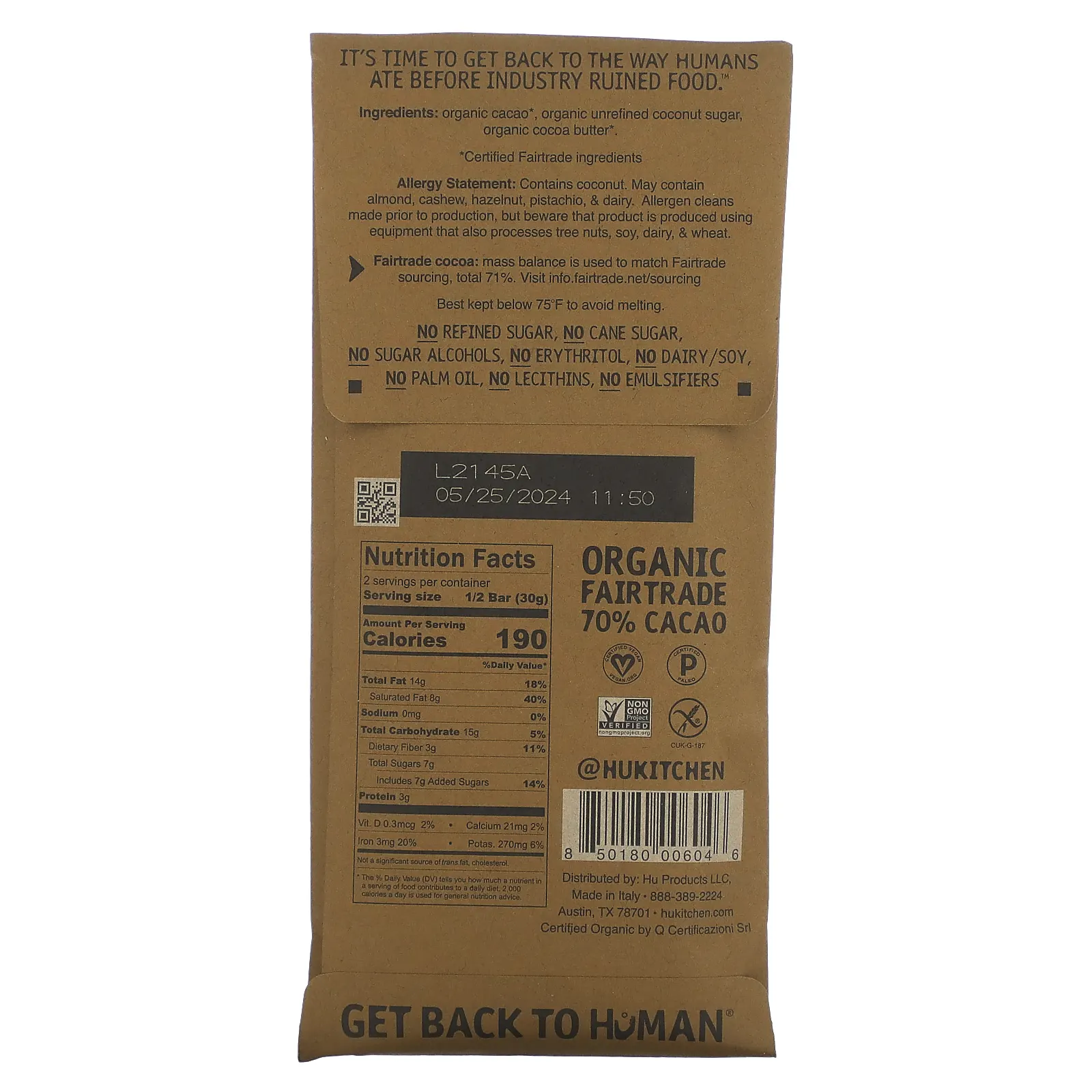 Hu, темный шоколад без добавок, 60 г (2,1 унции)