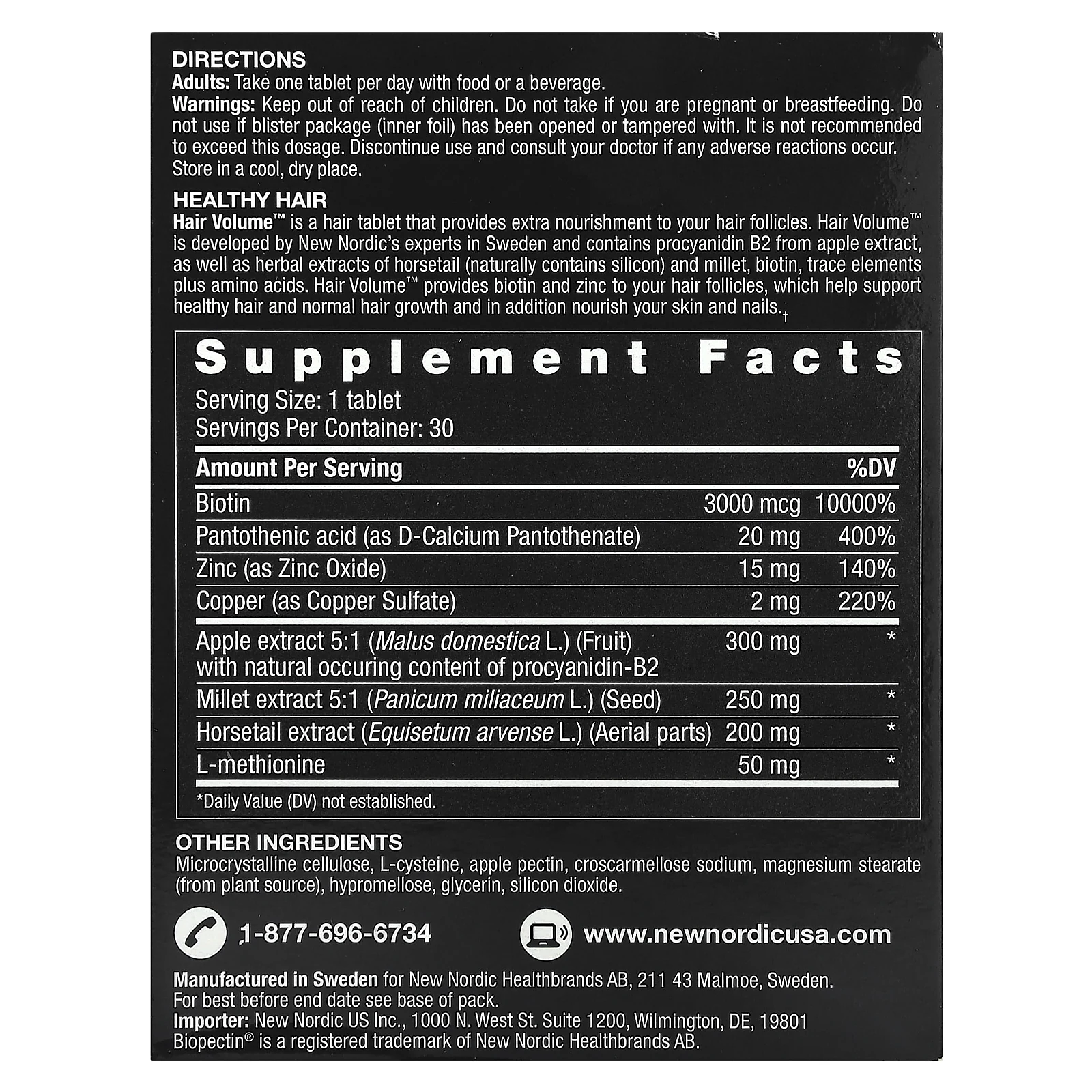 New Nordic, Hair Volume, средство для роста и объема волос, с экстрактом биопектина яблока, 90 таблеток