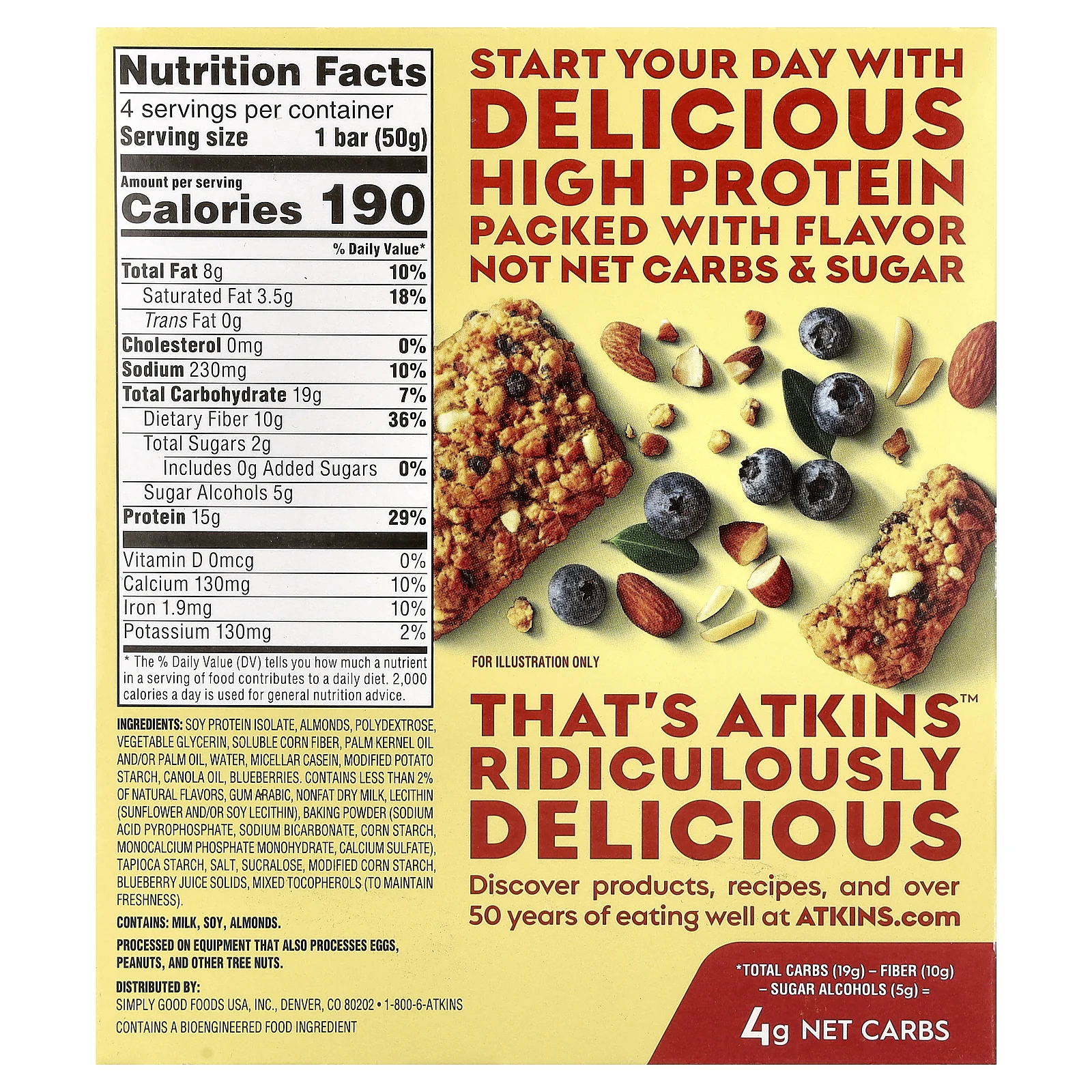 Atkins, запеченный протеиновый батончик, голубика, 4 батончика по 50 г (1,76 унции)