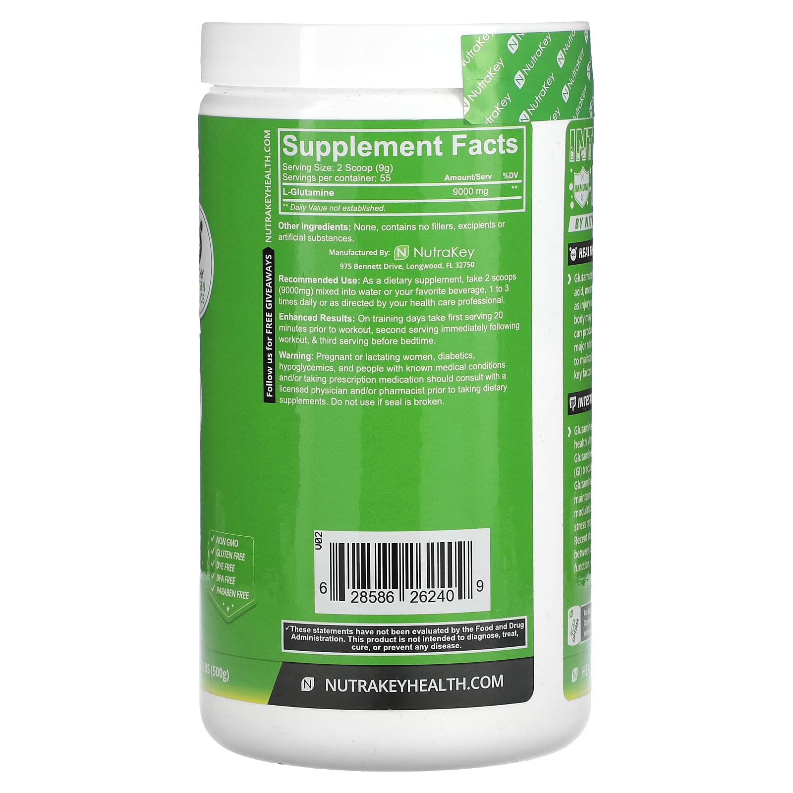 Nutrakey, глутамин, 9000 мг, 500 г (1,1 фунта) (4500 мг в 1 мерной ложке)