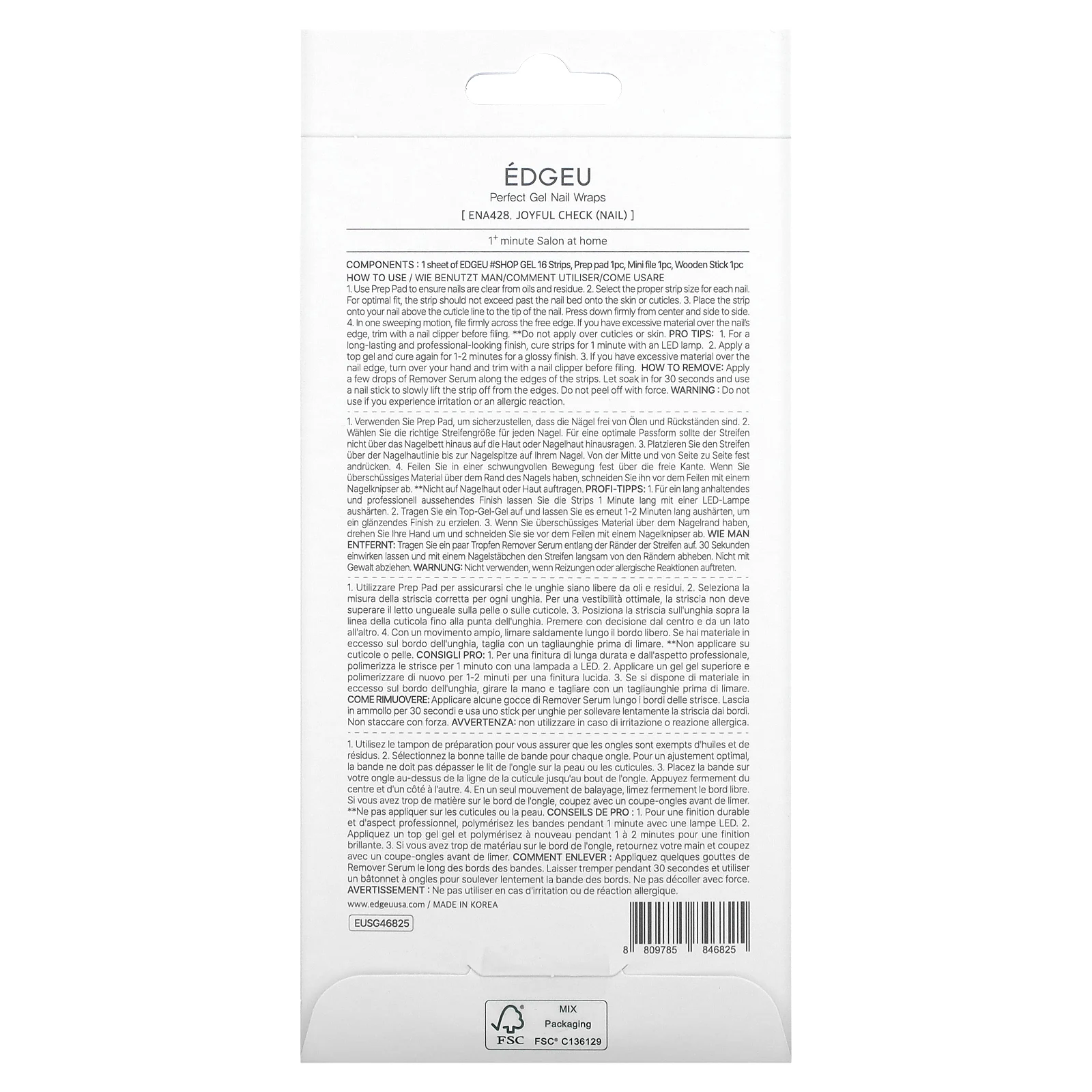 Edgeu, Гелевые обертывания для ногтей Perfect, ENA428, Joyful Check, набор из 16 полосок