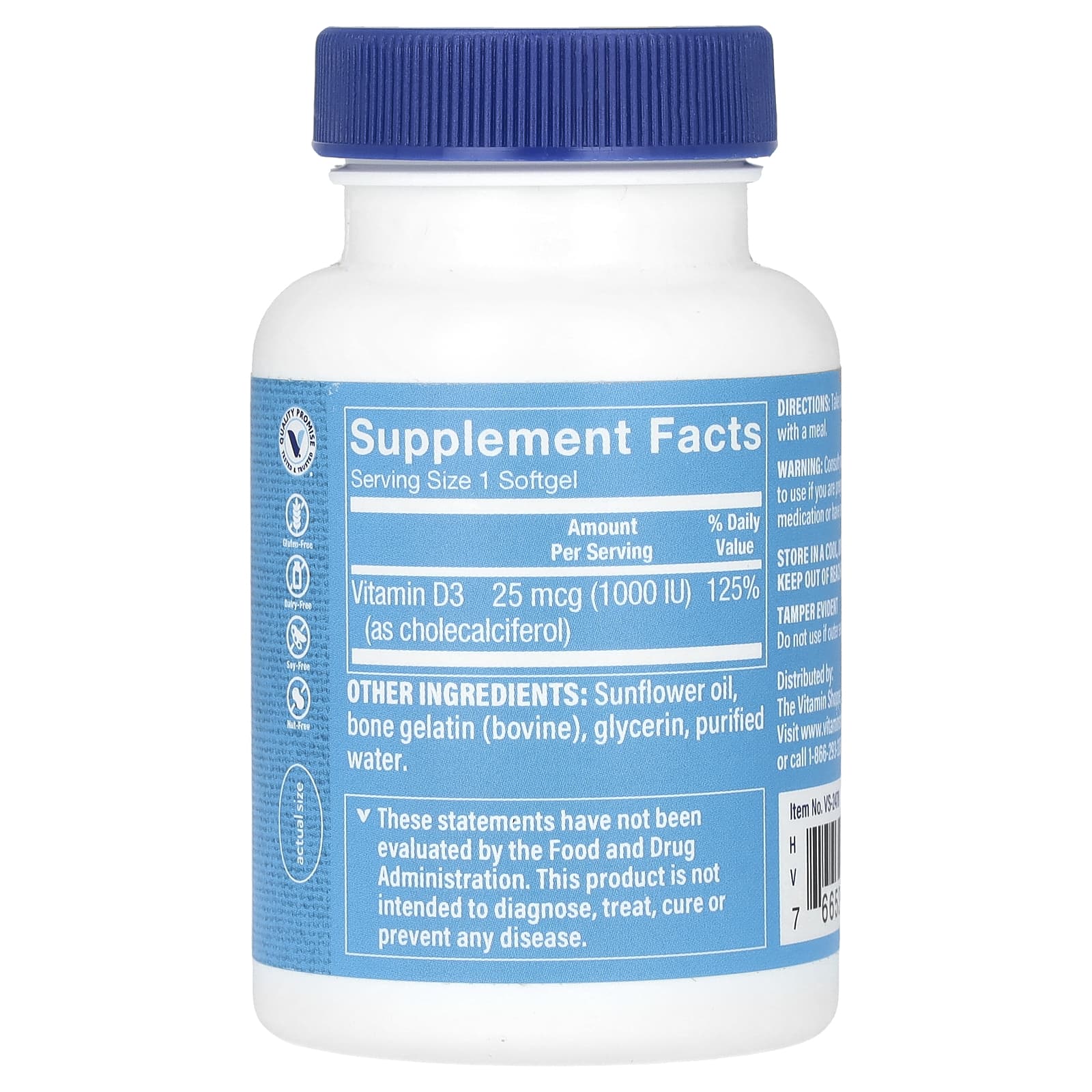 The Vitamin Shoppe, Витамин D3, 25 мкг (1000 МЕ), 200 мягких таблеток