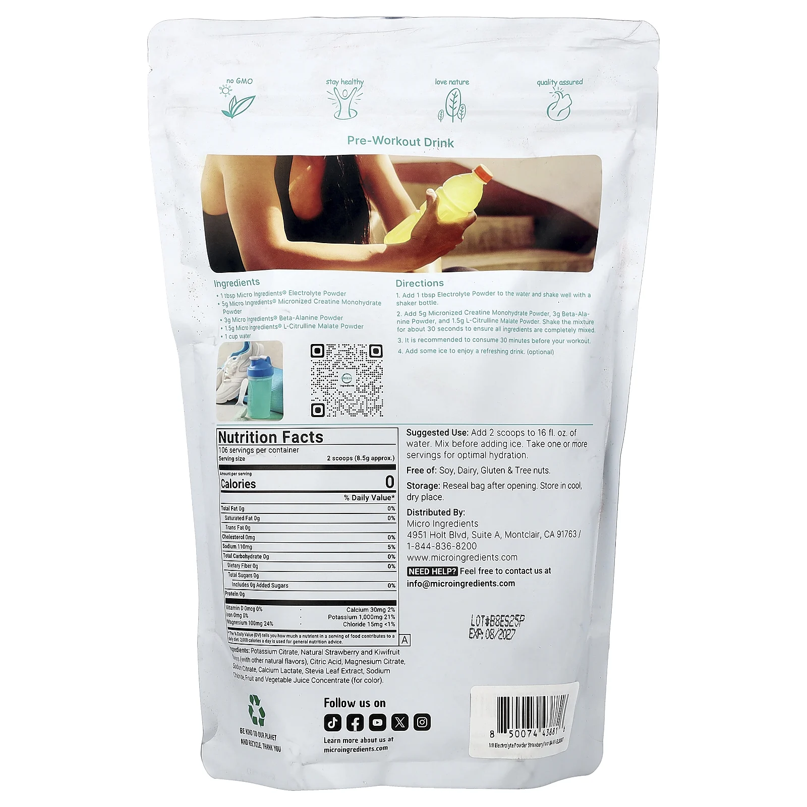 Micro Ingredients, электролитный напиток в порошке, со вкусом клубники и киви, 907 г (2 фунта)