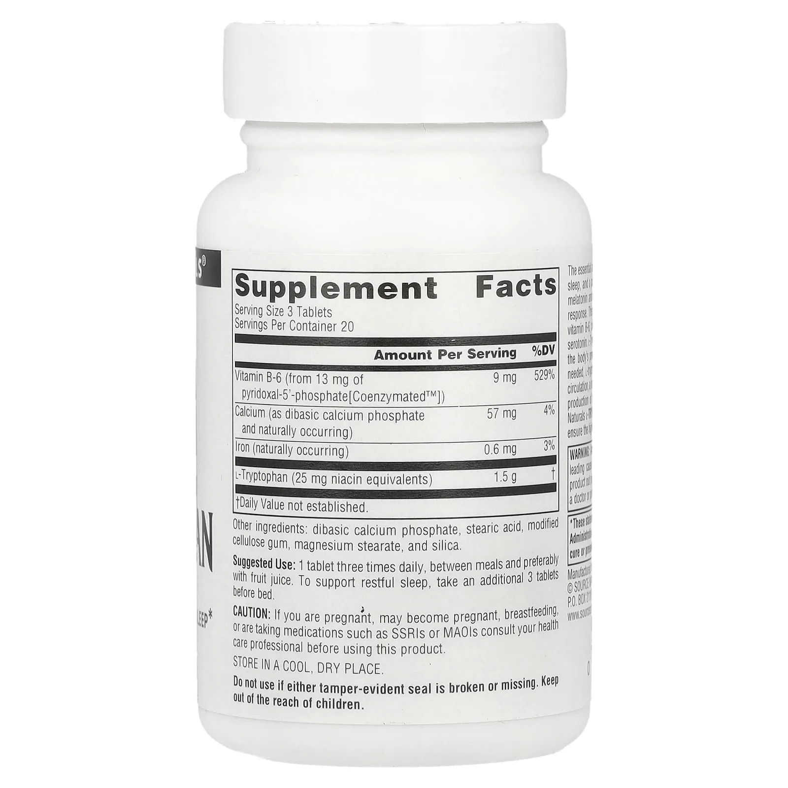 Source Naturals, L-триптофан с витамином В6 в коэнзимной форме, 500 мг, 60 таблеток