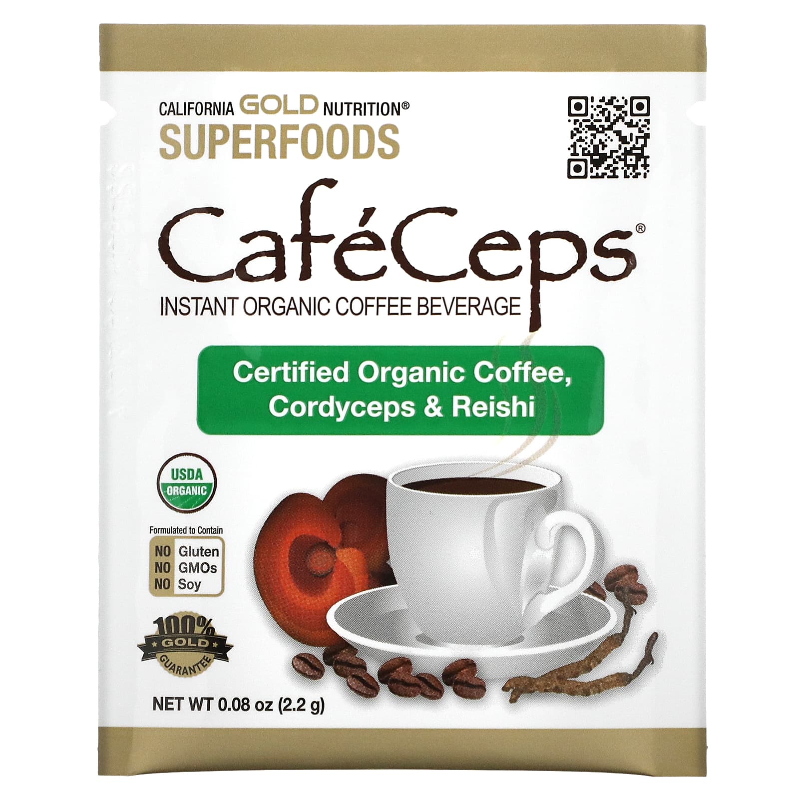 California Gold Nutrition, CafeCeps, сертифицированный органический растворимый кофе с порошком из грибов кордицепс и рейши, 30 пакетиков, 2,2 г (0,08 унции)