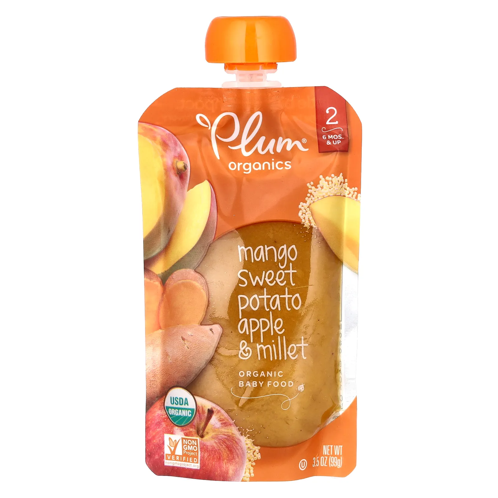 Plum Organics, органическое детское питание, этап 2, манго, батат, яблоко, пшено, 99 г (3,5 унции)