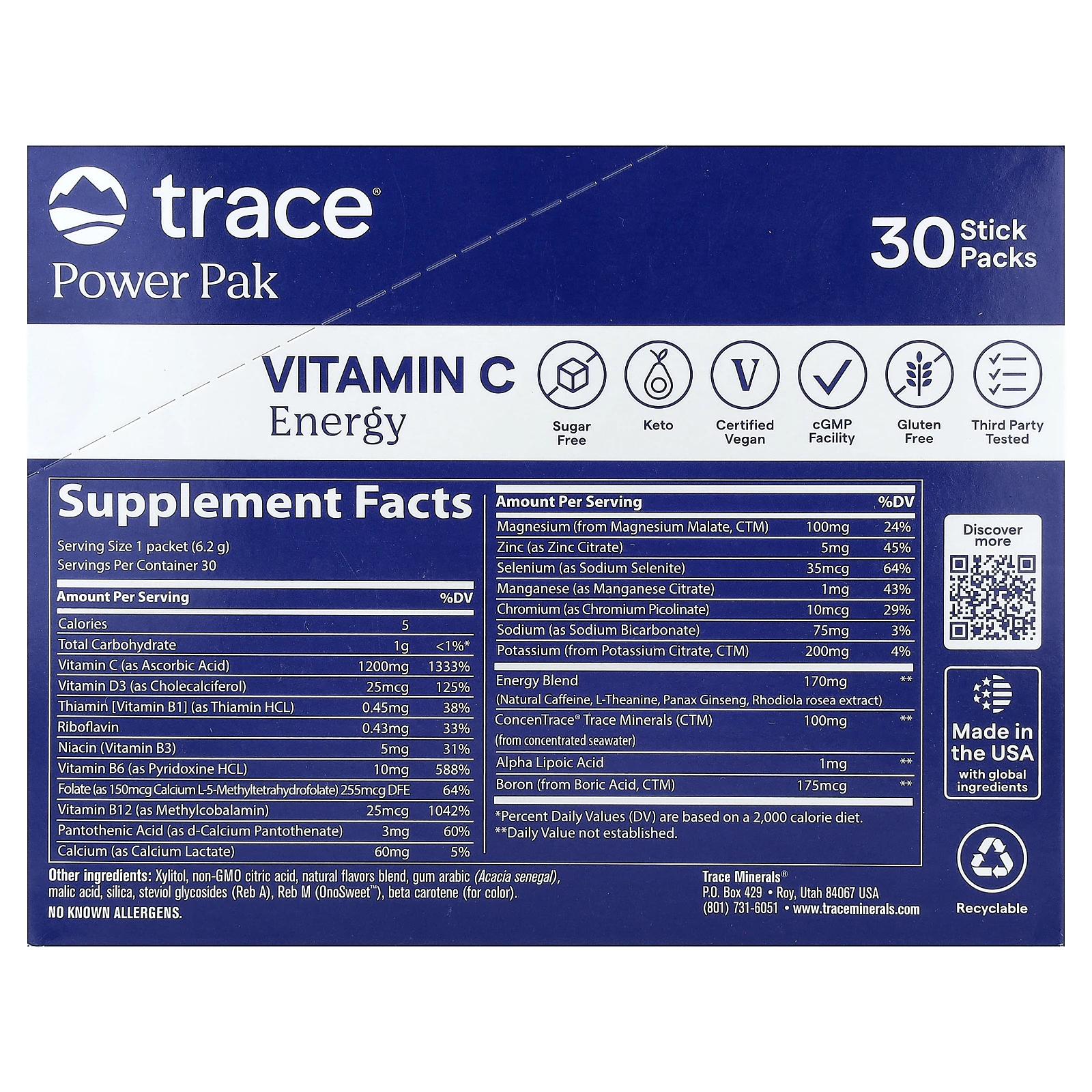 Trace, Power Pak, заряд энергии с витамином C, апельсин и манго, 30 стик-пакетов по 6,2 г (0,22 унции)