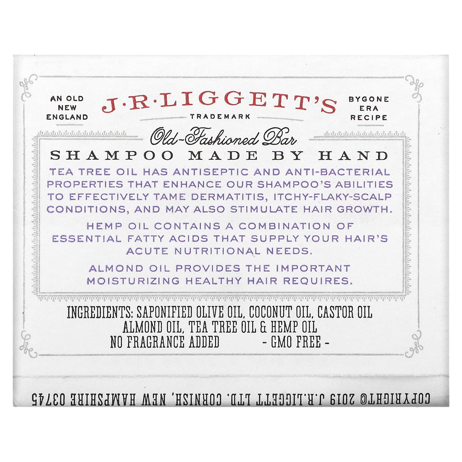 J.R. Liggett's, Твердый шампунь в старом стиле, масло чайного дерева и конопляное масло, 99 г (3,5 унции)