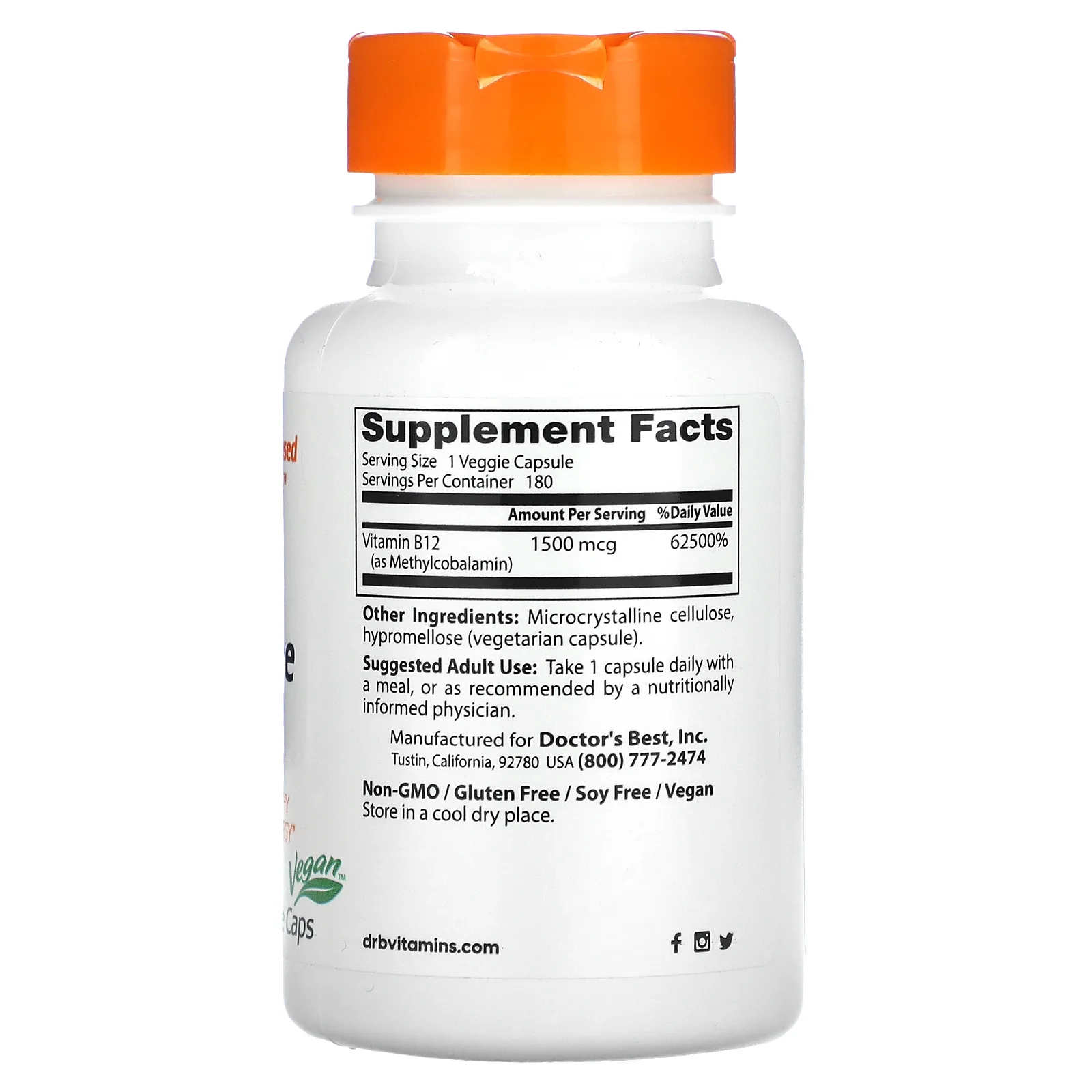 Doctor's Best, активный витамин B12, 1500 мкг, 180 вегетарианских капсул