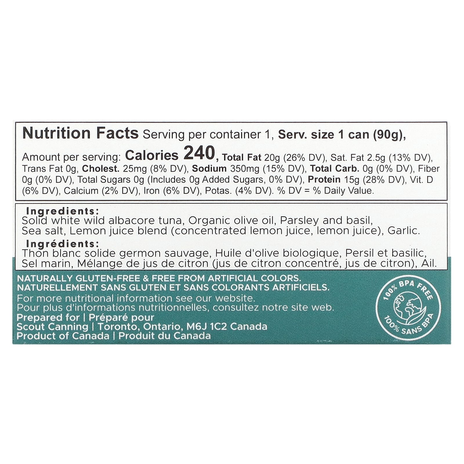 Scout, Дикий белый альбакорский тунец с вредителями садовых трав, 90 г (3,2 унции)