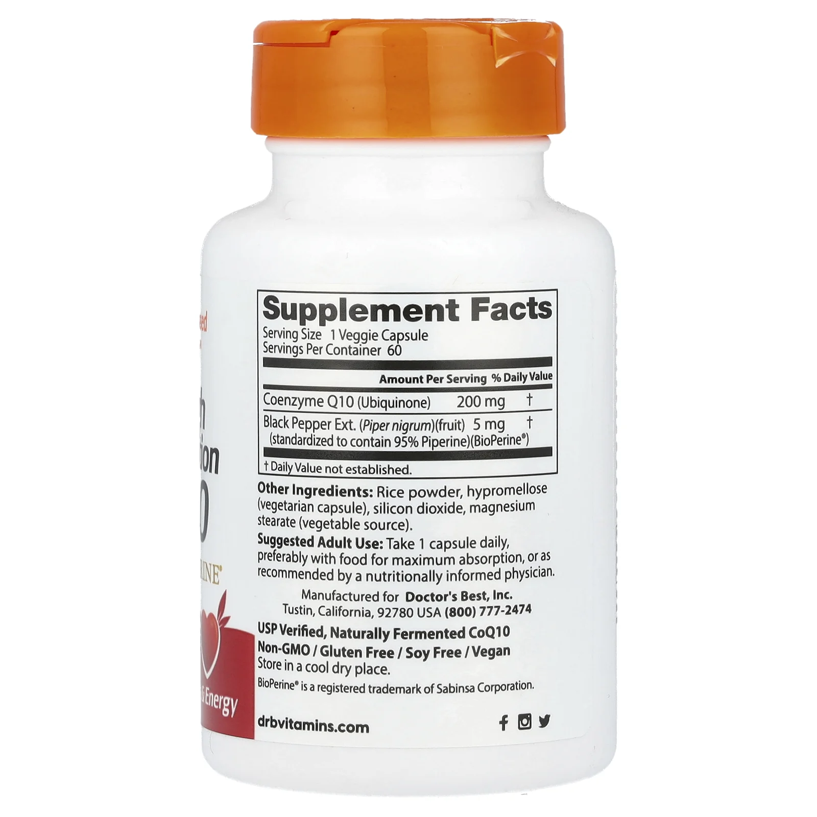Doctor's Best, высокоусвояемый коэнзим Q10 с биоперином, 200 мг, 60 растительных капсул