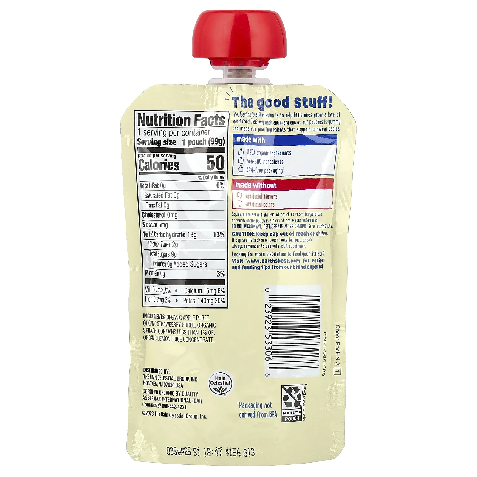 Earth's Best, Органические фрукты и овощное пюре, от 6 месяцев, яблоко, клубника и шпинат, 99 г (3,5 унции)