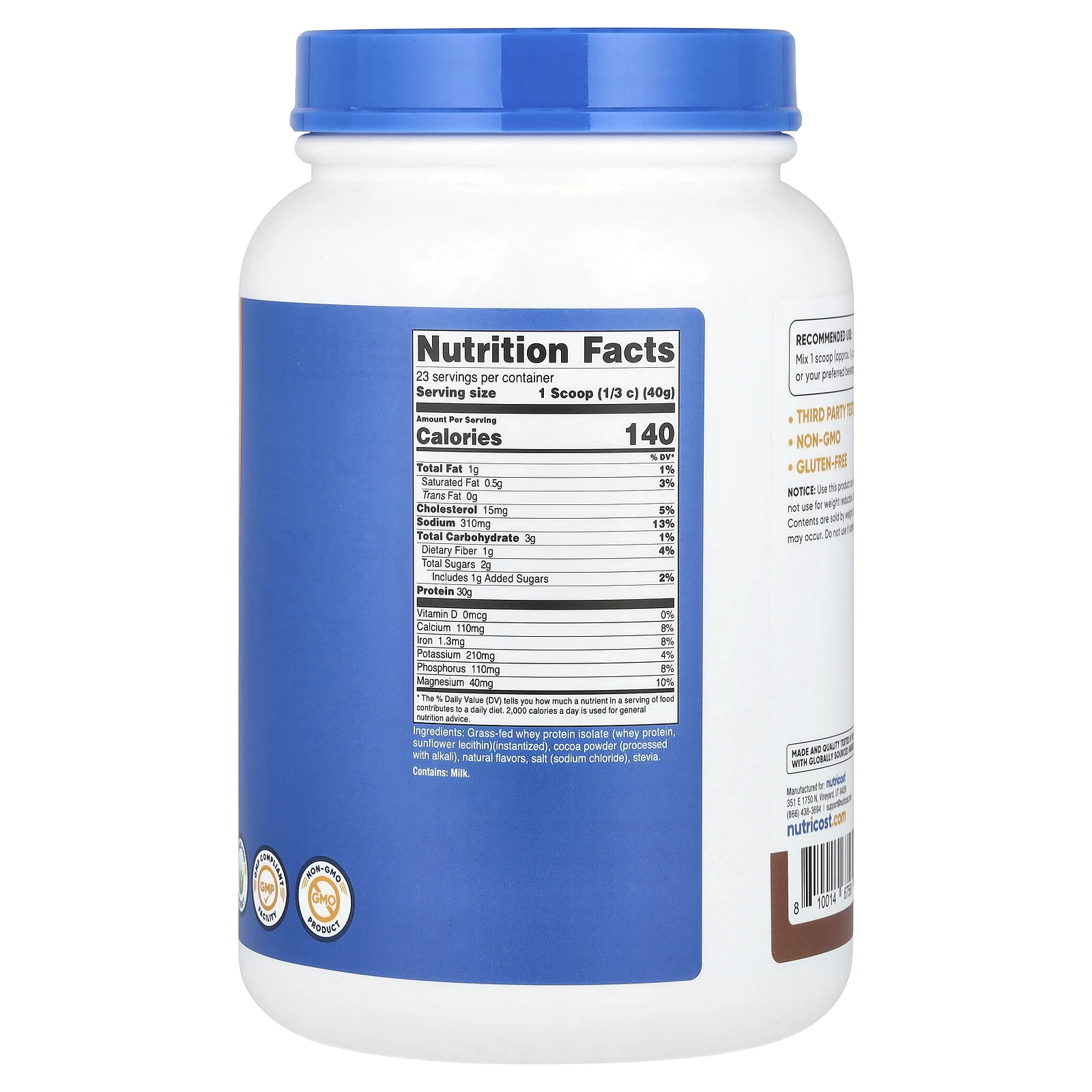Nutricost, изолят сывороточного протеина от коров травяного откорма, со вкусом молочного шоколада, 907 г (2 фунта)