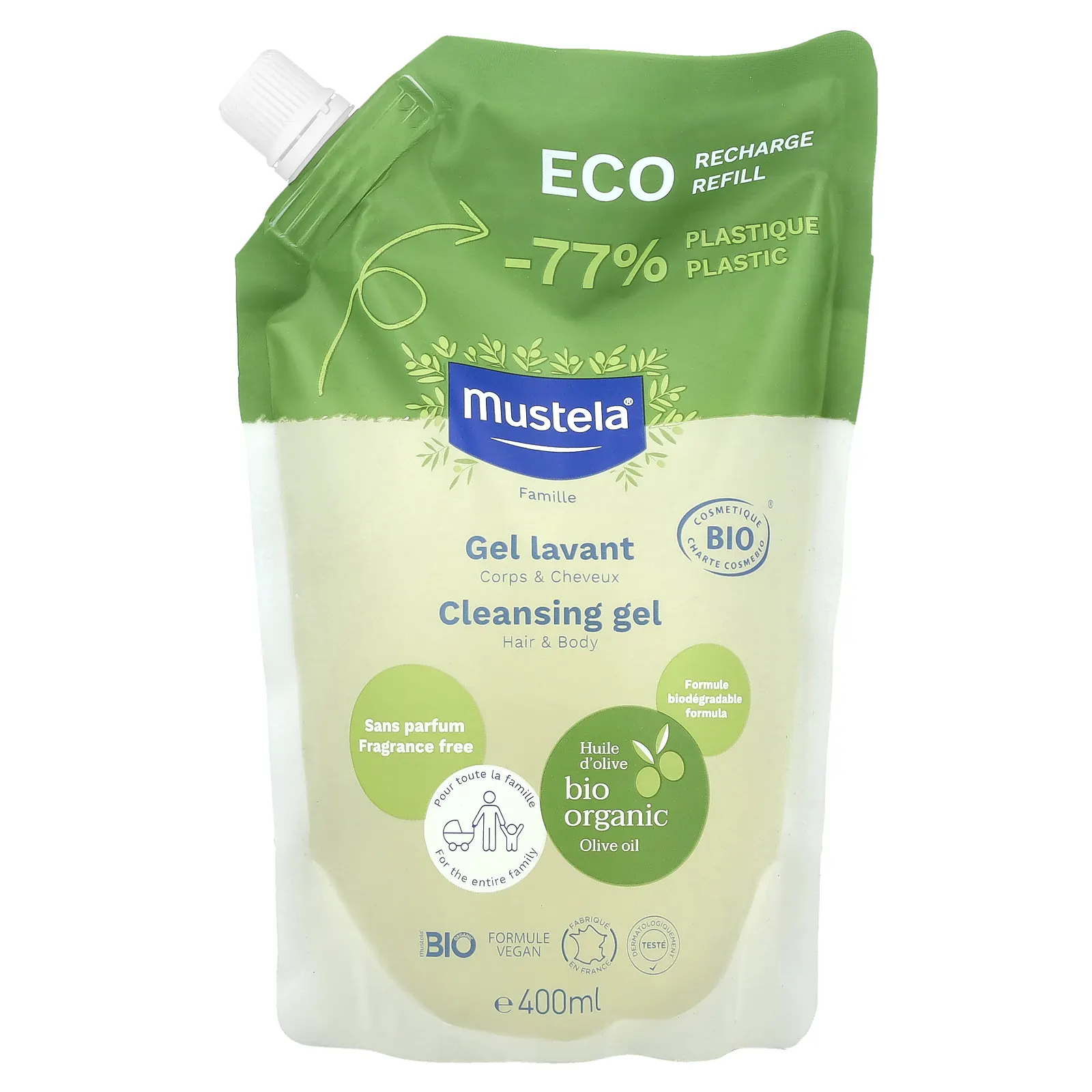 Mustela, Eco Recharge Refill, очищающий гель, для волос и тела, без отдушек, 400 мл