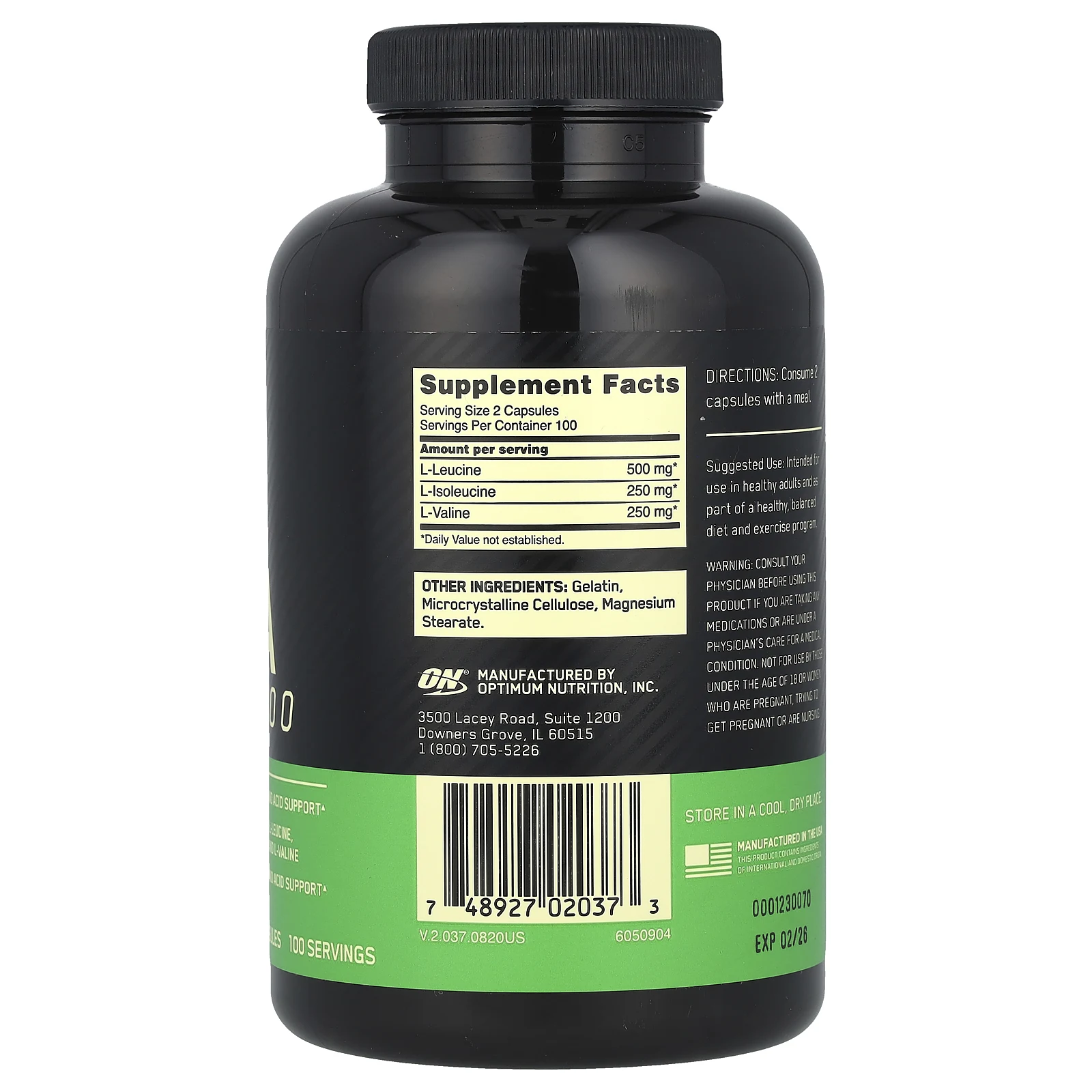 Optimum Nutrition, BCAA 1000, 1000 мг, 200 капсул (500 мг в 1 капсуле)