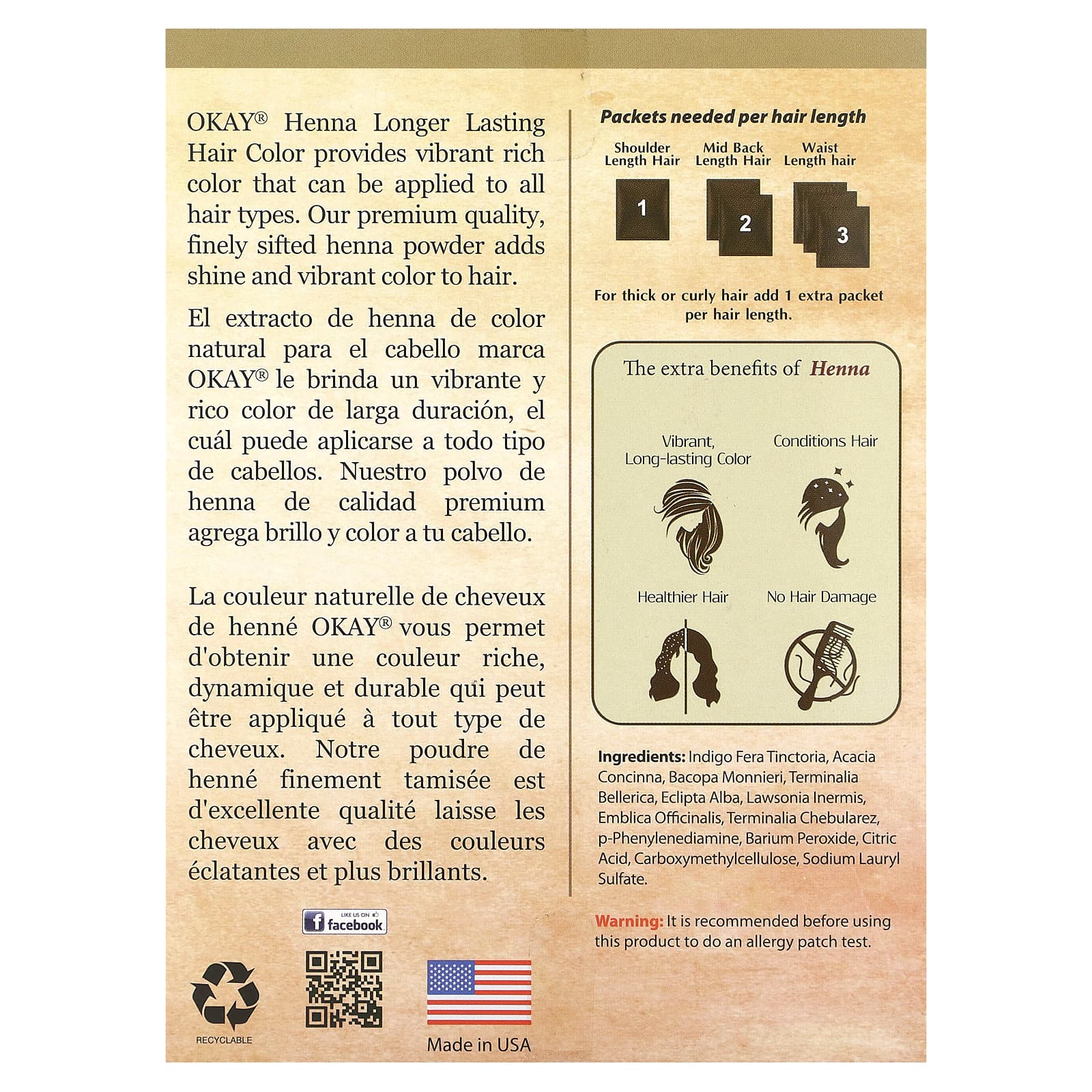 Okay Pure Naturals, Хна, стойкая краска для волос, темно-коричневый, 56,7 г (2 унции)